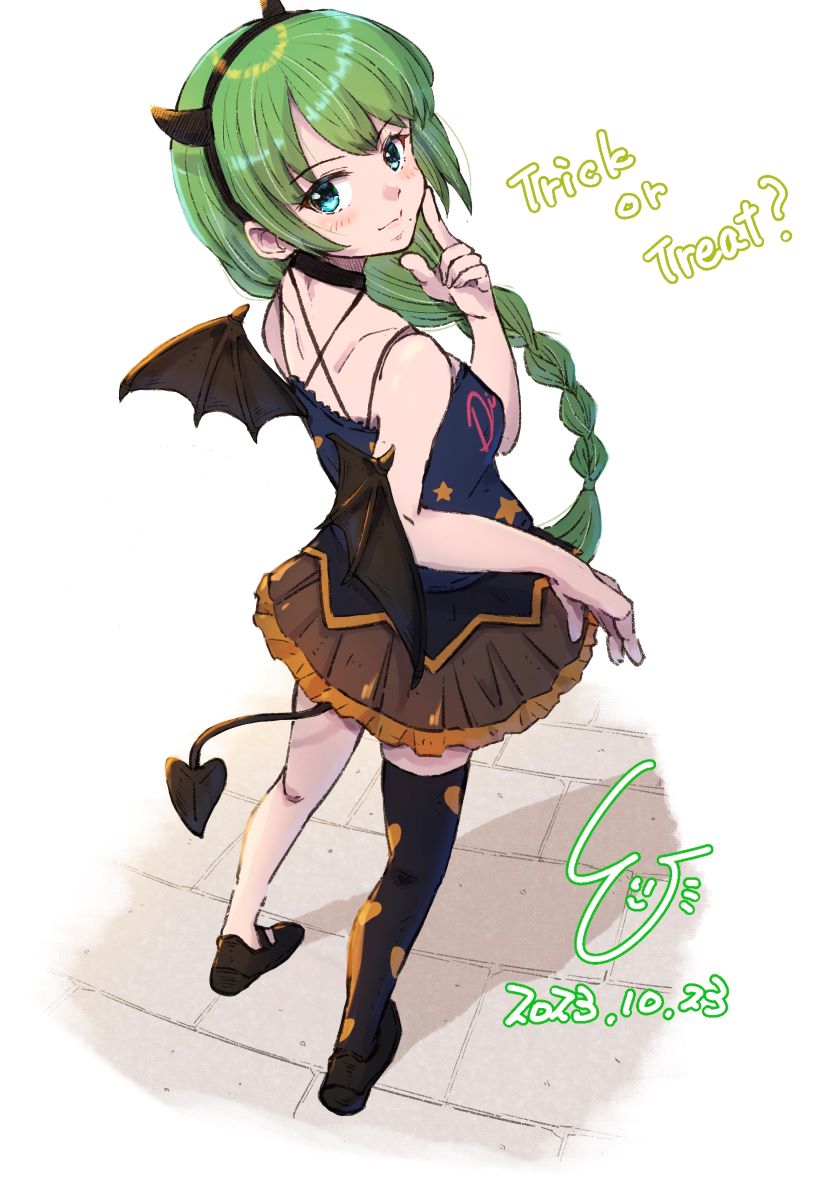 artist_logo bat_wings black_tank_top black_thighhighs braid breasts cosplay dated demon_horns demon_wings fake_demon_horns frilled_skirt frills from_above from_behind full_body grecale_(kancolle) grecale_(kancolle)_(cosplay) green_hair highres horns kantai_collection ld_(luna_dial398) long_hair looking_at_viewer looking_back medium_breasts mole mole_under_mouth orange_skirt single_braid single_thighhigh skirt tank_top thigh-highs very_long_hair wings yuugumo_(kancolle)