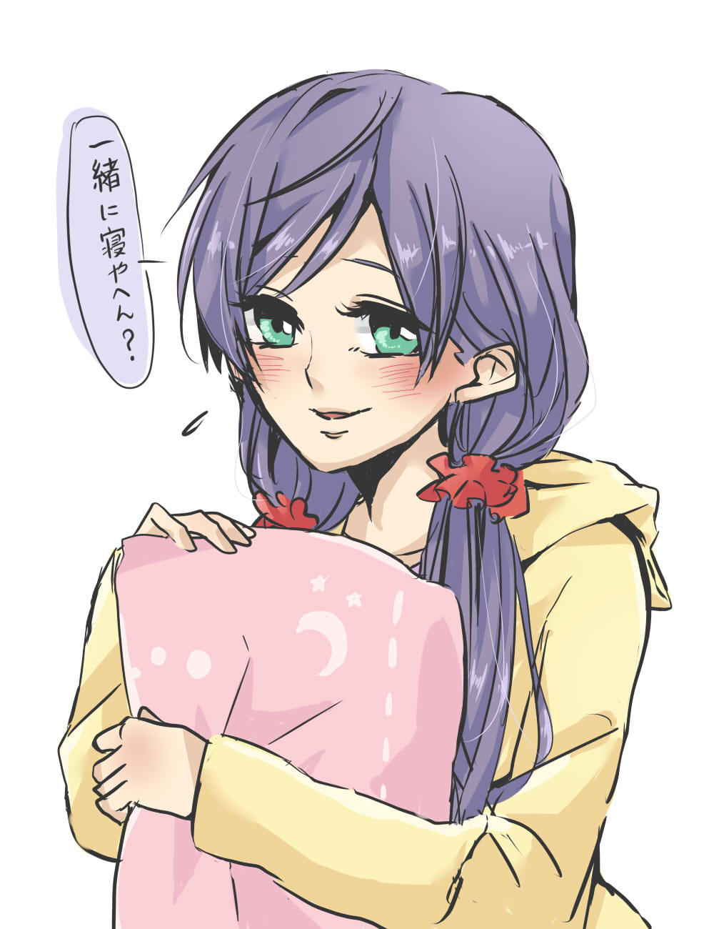 1girl blush commentary_request green_eyes hair_ornament hair_scrunchie highres holding holding_pillow hood hoodie kashikaze long_hair long_sleeves looking_at_viewer love_live! love_live!_school_idol_project low_twintails parted_lips pillow purple_hair red_scrunchie scrunchie simple_background smile solo toujou_nozomi translation_request twintails upper_body white_background yellow_hoodie