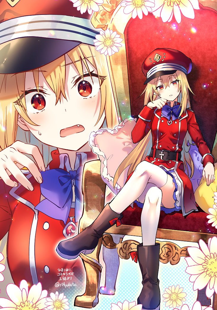 1girl ankle_boots blonde_hair blue_bow blue_skirt boots bow brown_footwear close-up commentary crossed_legs fang flower frilled_pillow frills hair_between_eyes hand_up hat hikikomari_kyuuketsuki_no_monmon long_hair long_sleeves looking_at_viewer military_hat military_uniform on_chair open_mouth parted_lips peaked_cap pillow pointy_ears polka_dot polka_dot_background red_eyes red_headwear red_shirt riichu shirt sitting skirt solo surprised sweat terakomari_gandezblood thigh-highs uniform white_flower white_thighhighs