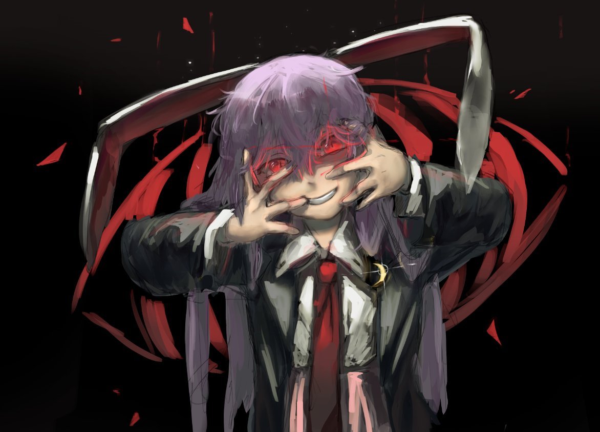 1girl animal_ears black_jacket blazer collared_shirt crazy_grin crescent crescent_pin grin hair_between_eyes jacket long_hair long_sleeves looking_at_viewer necktie purple_hair rabbit_ears red_eyes red_necktie reisen_udongein_inaba shirt smile solo sparkle71059204 touhou upper_body white_shirt