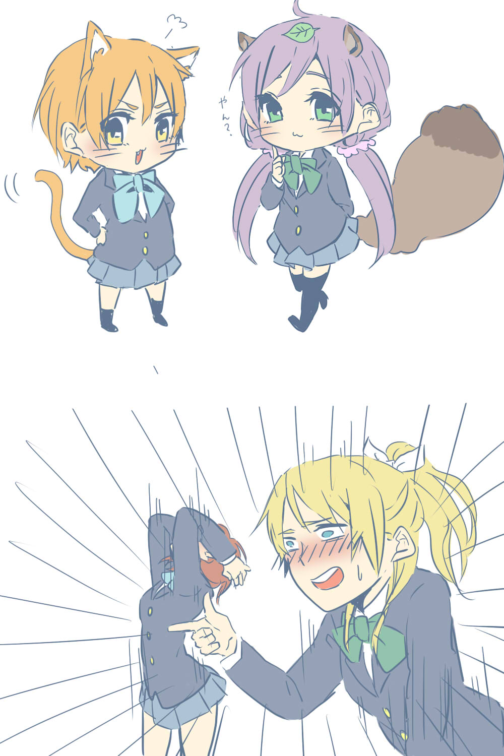 4girls :3 ahoge animal_ears ayase_eli black_socks black_thighhighs blazer blonde_hair blue_bow blue_bowtie blue_eyes blue_jacket blue_skirt blush bow bowtie cat_ears cat_girl cat_tail chibi closed_mouth collared_shirt commentary_request cowboy_shot fang finger_gun green_bow green_bowtie green_eyes hair_ornament hair_scrunchie hands_on_own_head hands_on_own_hips highres hoshizora_rin index_finger_raised jacket kashikaze kemonomimi_mode kneehighs leaf leaf_on_head long_hair long_sleeves looking_at_viewer love_live! love_live!_school_idol_project low_twintails multiple_girls nishikino_maki open_mouth orange_hair otonokizaka_school_uniform pleated_skirt pointing ponytail purple_hair raccoon_ears raccoon_girl raccoon_tail redhead school_uniform scrunchie shirt short_hair simple_background skirt socks sweatdrop tail teeth thigh-highs toujou_nozomi twintails upper_teeth_only white_background white_shirt yellow_eyes zettai_ryouiki