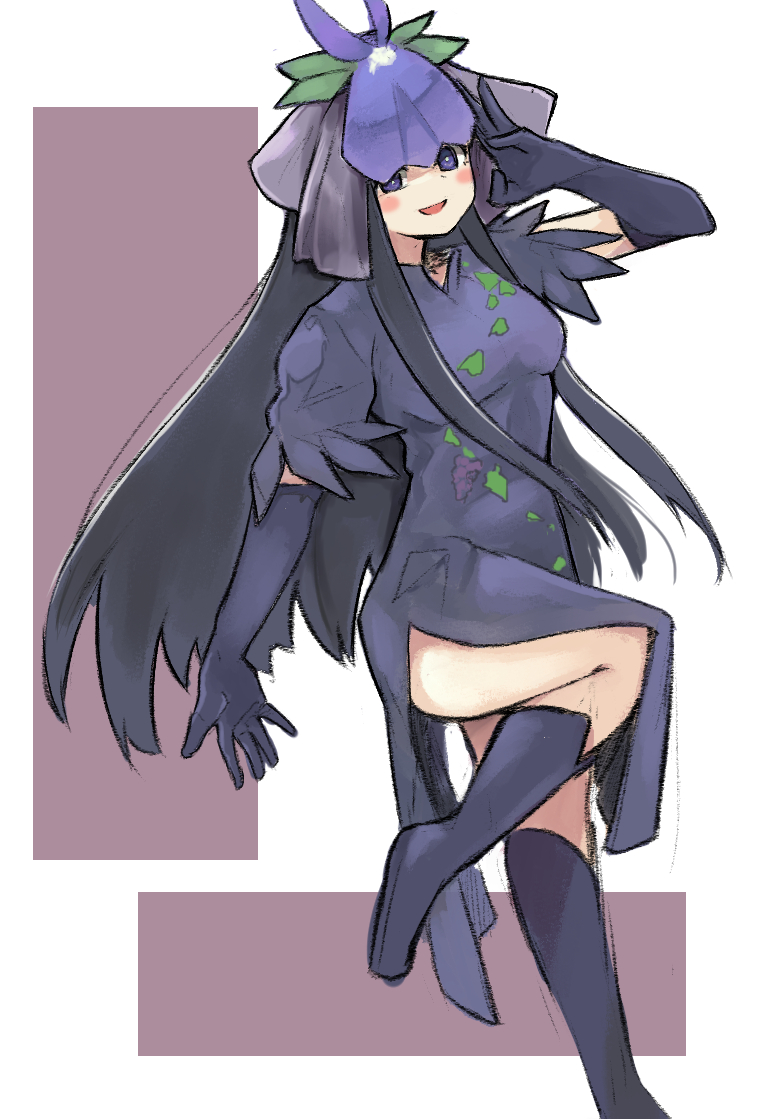 1girl black_footwear black_gloves black_hair china_dress chinese_clothes dress elbow_gloves flower flower_on_head ginnkei gloves grape_print leaf_print long_hair looking_at_viewer orchid puffy_short_sleeves puffy_sleeves purple_dress short_sleeves smile solo touhou violet_eyes yomotsu_hisami