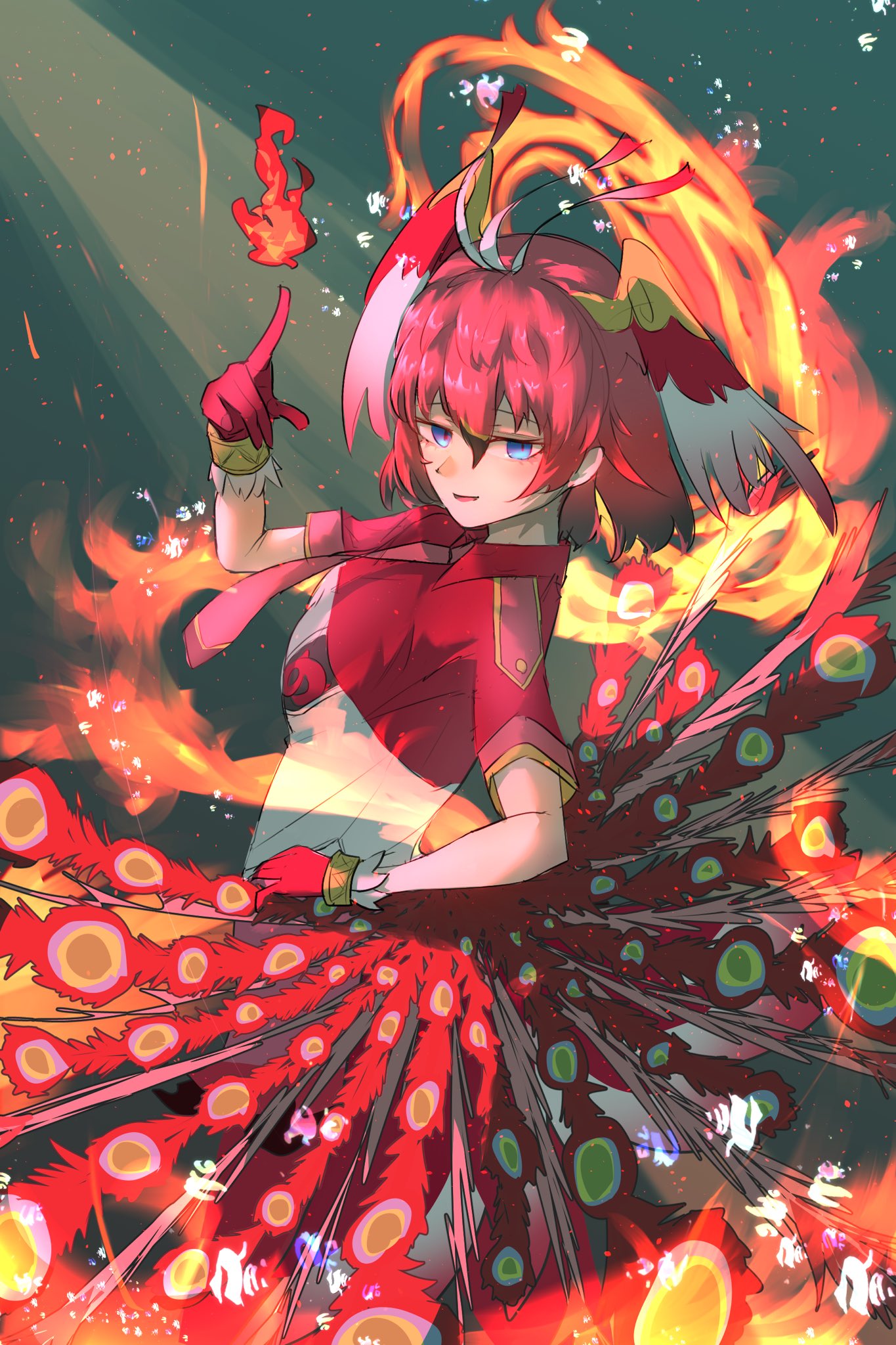 1girl bird_girl bird_tail bird_wings blue_eyes feathered_wings fire gloves head_wings highres kemono_friends looking_at_viewer looking_back necktie redhead sasa_fune shirt short_hair simple_background skirt solo suzaku_(kemono_friends) tail wings