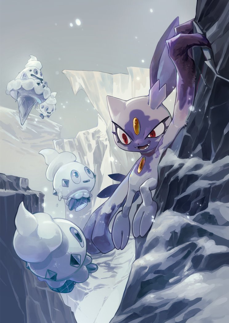 :d amehatobook claws climbing commentary_request eyelashes hisuian_sneasel no_humans open_mouth outdoors pokemon pokemon_(creature) red_eyes sky smile snow snowing vanillish vanillite