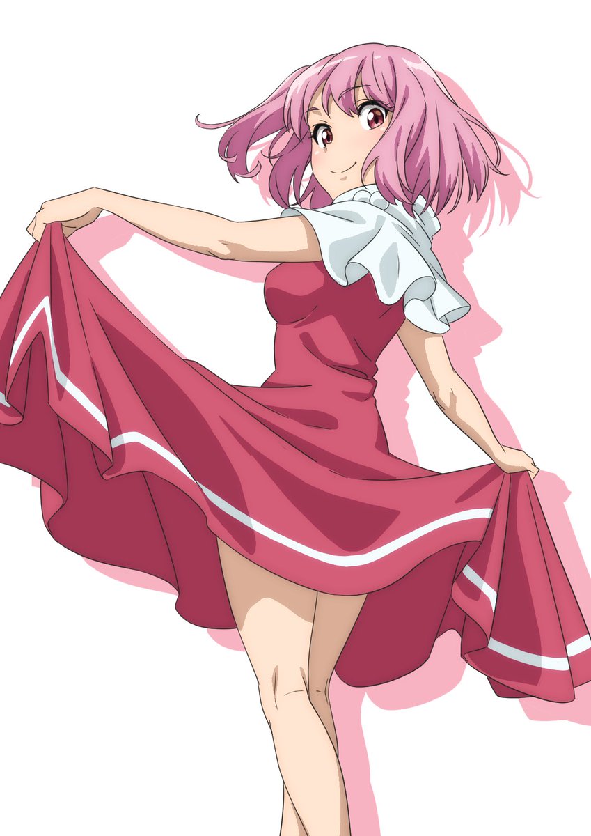 1girl breasts closed_mouth clothes_lift dress dress_lift feet_out_of_frame gyouza_(mhea5724) highres lifted_by_self looking_at_viewer medium_breasts pink_hair red_dress red_eyes sara_(touhou) short_hair simple_background smile solo touhou touhou_(pc-98) white_background