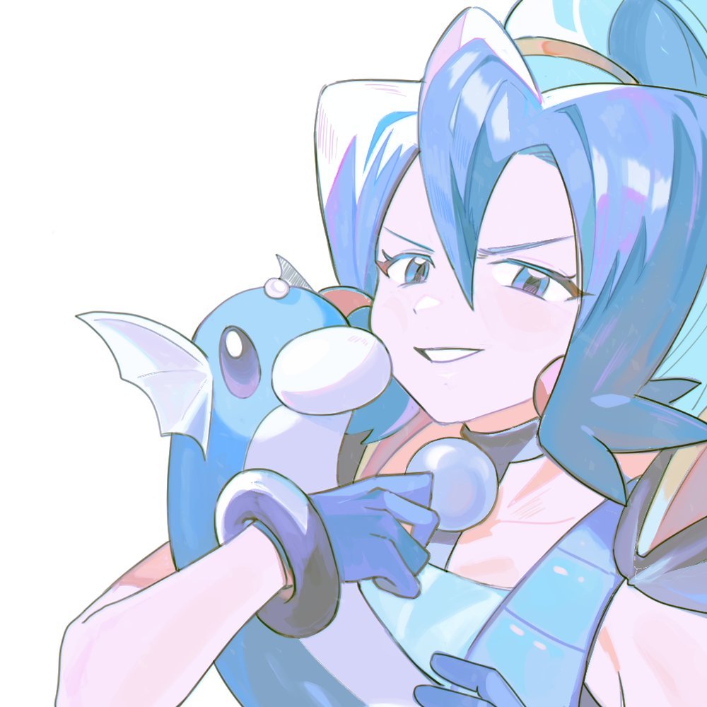 1girl blue_eyes blue_gloves blue_hair clair_(pokemon) commentary dratini eyelashes gloves grin hair_between_eyes hands_up long_hair looking_at_viewer majyo_(witch_poke) pokemon pokemon_(creature) pokemon_hgss ponytail smile symbol-only_commentary teeth upper_body white_background