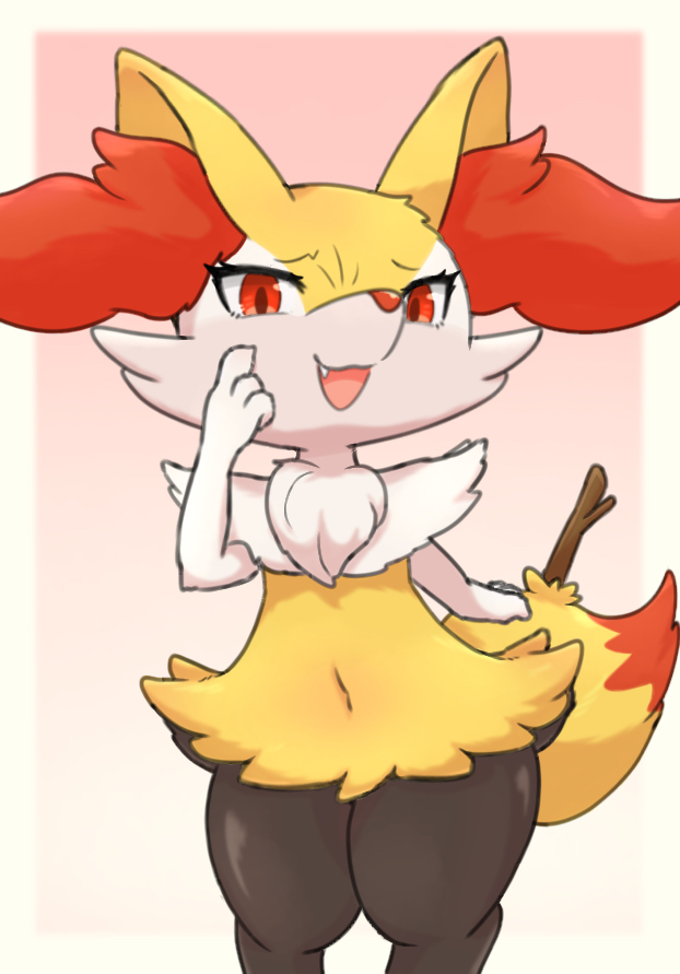1girl :3 animal_ear_fluff animal_ears animal_hands animal_nose black_fur body_fur border braixen commentary_request fang flat_chest fox_ears fox_girl fox_tail furry furry_female gradient_background hand_on_own_cheek hand_on_own_face hand_up happy looking_at_viewer multicolored_fur navel neck_fur open_mouth outside_border partial_commentary pink_background pokemon pokemon_(creature) raised_eyebrows red_eyes simple_background smile smug snout solo standing stick stomach tail teine thick_thighs thighs white_border white_fur wide_hips yellow_fur