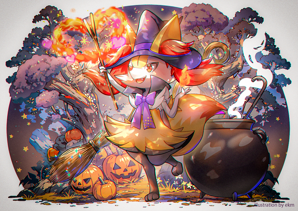 1girl animal_ear_fluff animal_ears animal_feet animal_nose arm_up artist_name black_cape black_fur black_headwear body_fur border bow bowtie braixen broom cape cauldron chromatic_aberration clothed_pokemon commentary ears_through_headwear ekm english_text fire fox_ears fox_girl fox_tail full_body furry furry_female grey_border hand_up hat heart high_collar holding holding_stick jack-o'-lantern knees_together_feet_apart ladle leg_up multicolored_fur outdoors outside_border outstretched_arm pokemon pokemon_(creature) pumpkin purple_bow purple_bowtie pyrokinesis red_eyes snout solo sparkle standing standing_on_one_leg star_(symbol) steam stick tail tree watermark white_fur witch witch_hat yellow_fur