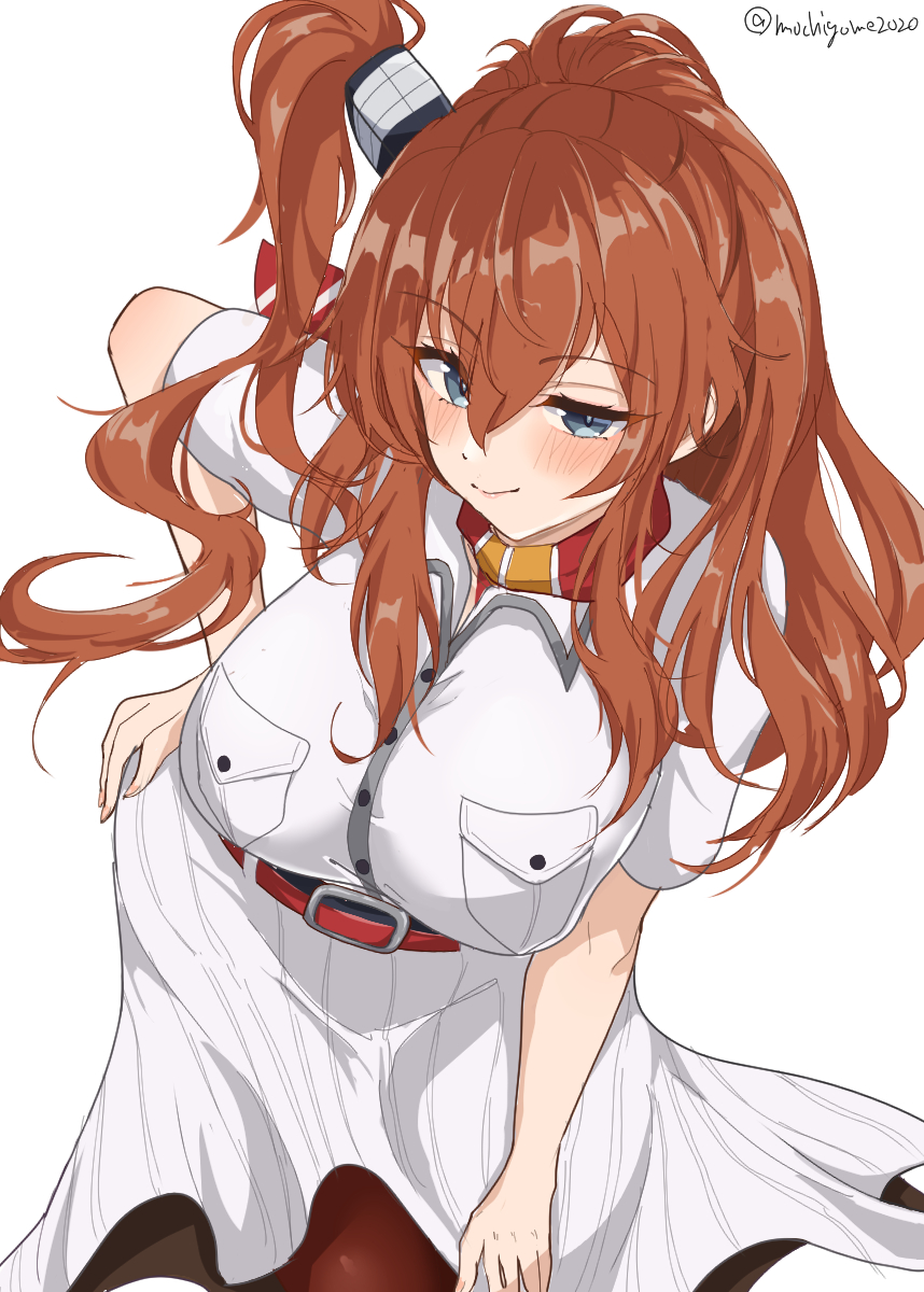 1girl bent_over blue_eyes breast_pocket breasts brown_hair chamumi_(mochiumee) dress hair_between_eyes hair_ornament high_side_ponytail highres kantai_collection large_breasts long_hair looking_at_viewer neckerchief pocket ponytail red_neckerchief saratoga_(kancolle) side_ponytail sidelocks smile smokestack solo white_dress