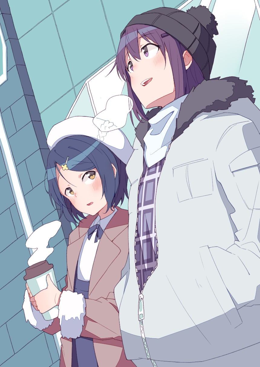 2girls beanie beret black_hair black_headwear breath brown_jacket cup day disposable_cup double-parted_bangs fur-trimmed_sleeves fur_trim gochuumon_wa_usagi_desu_ka? hair_between_eyes hair_ornament hairclip hands_in_pockets hat hetareeji highres holding holding_cup jacket jouga_maya light_blush long_hair long_sleeves multiple_girls open_mouth outdoors parted_bangs partially_unzipped pom_pom_(clothes) purple_hair short_hair smile steam tedeza_rize violet_eyes white_headwear white_jacket winter_clothes yellow_eyes zipper zipper_pull_tab