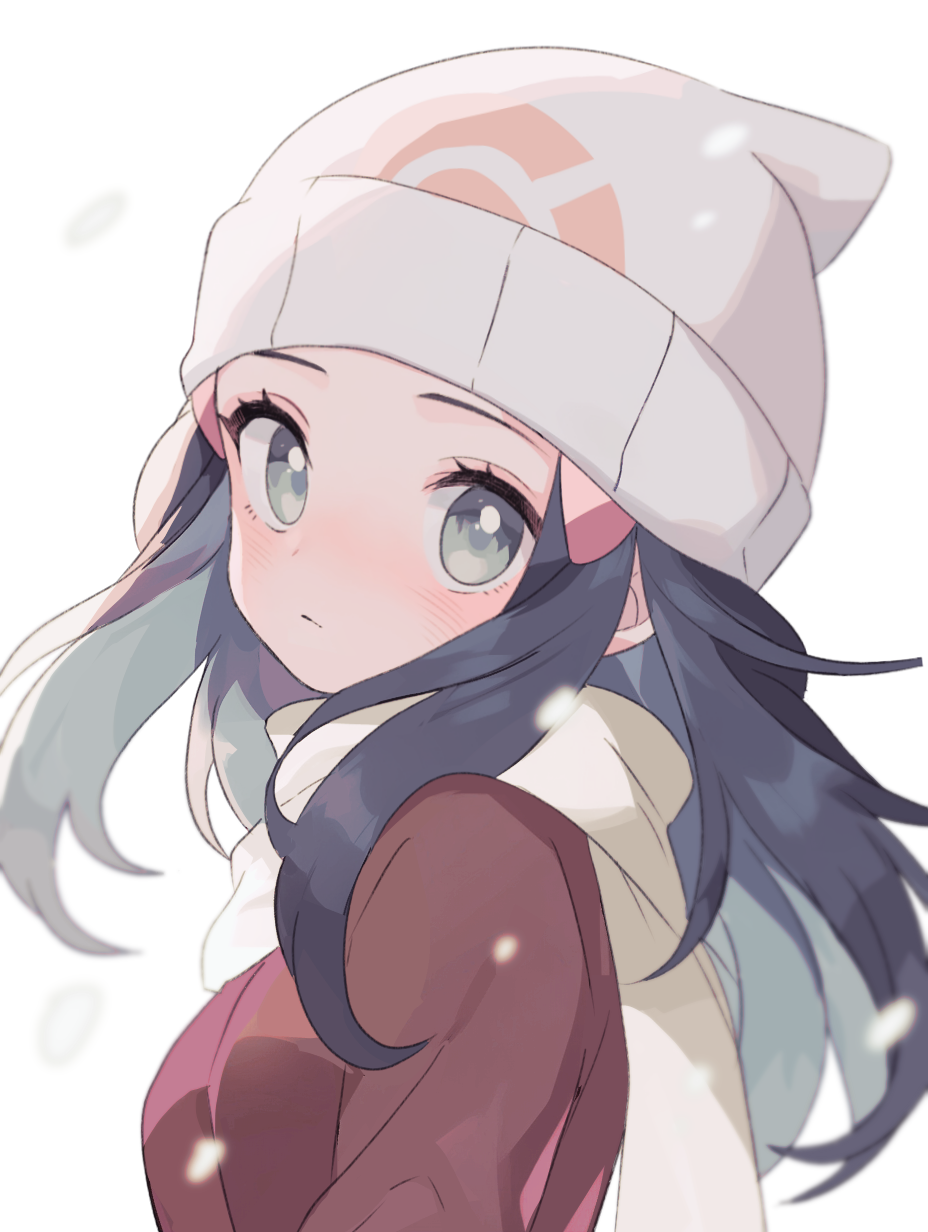 1girl beanie black_hair blush closed_mouth coat commentary_request ebi_(shrimp_eleven) eyelashes from_side grey_eyes hair_ornament hairclip hat highres hikari_(pokemon) long_hair looking_at_viewer looking_to_the_side pokemon pokemon_(game) pokemon_dppt pokemon_platinum red_coat scarf sidelocks simple_background snowing solo upper_body white_background white_headwear white_scarf