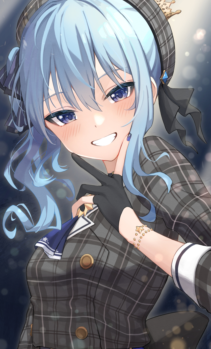 1girl ascot beret black_gloves blue_ascot blue_eyes blue_hair blue_nails breasts buttons crown double-breasted gloves grey_headwear grey_jacket hat highres hololive hoshimachi_suisei hoshimachi_suisei_(1st_costume) jacket kiukoma long_hair partially_fingerless_gloves plaid plaid_headwear plaid_jacket smile solo star_(symbol) star_bracelet star_in_eye symbol_in_eye teeth upper_body