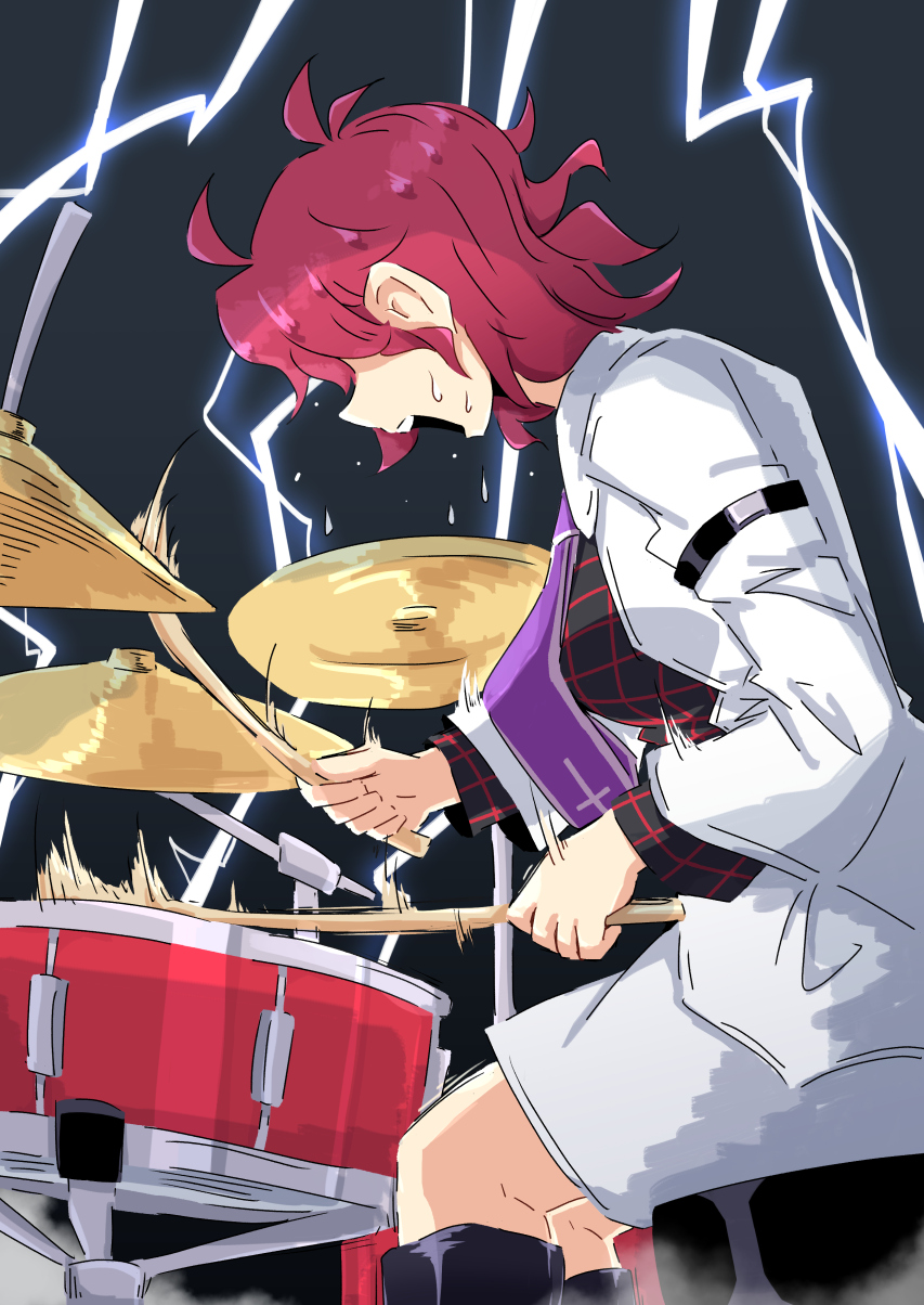 1girl black_background black_shirt breasts commentary cymbals drum feet_out_of_frame from_side highres horikawa_raiko instrument jacket lightning long_sleeves necktie open_mouth plaid plaid_shirt purple_necktie redhead sakamoto_fred shirt short_hair simple_background sitting skirt solo sweat teeth touhou upper_teeth_only white_jacket white_skirt