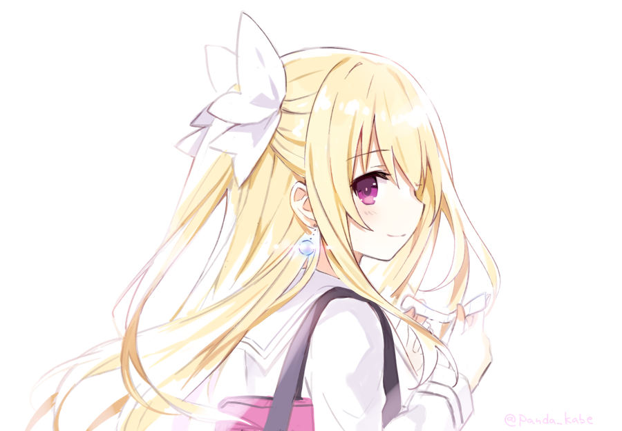 1girl bag blonde_hair bow date_a_live earrings hair_bow jewelry light_smile long_hair mayuri_(date_a_live) paper school_uniform shopping_bag solo tsunako violet_eyes white_background