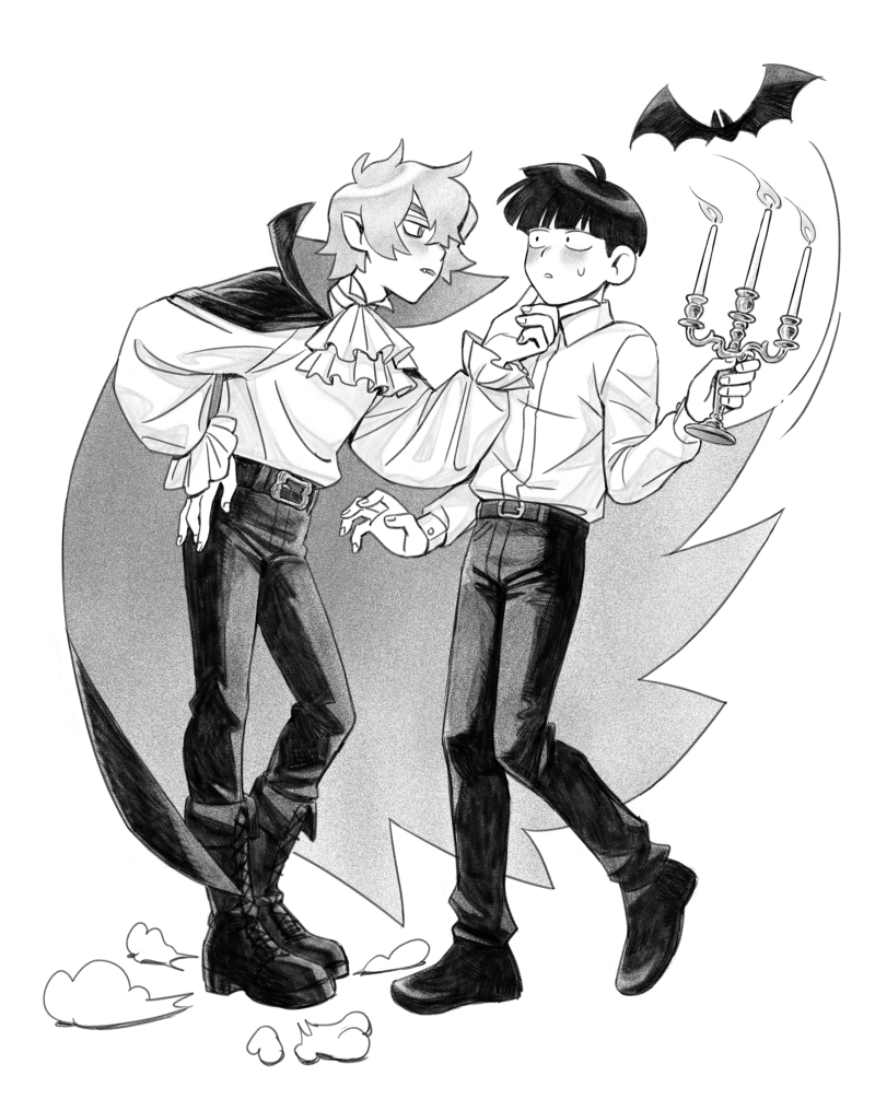 2boys alternate_universe ascot bat_(animal) belt blush boots candle candlestand cape commentary english_commentary fire full_body gift_art greyscale hanazawa_teruki hand_on_another's_chin hand_on_own_hip kageyama_shigeo leunfer long_sleeves looking_at_another male_focus mob_psycho_100 monochrome multiple_boys pants shirt shoes short_hair simple_background standing vampire white_background