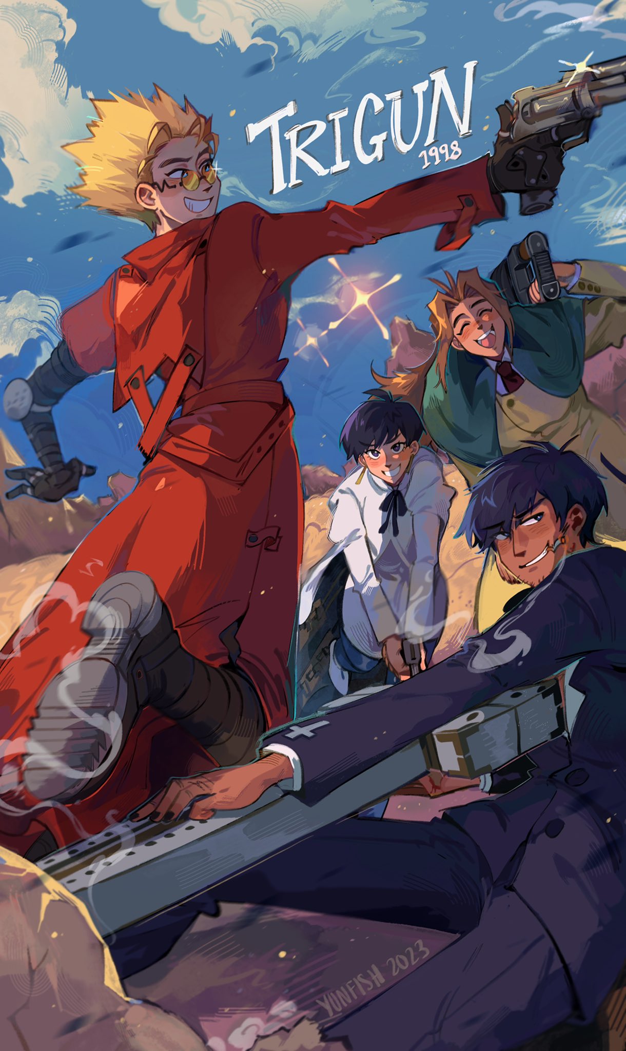 2boys 2girls artist_name black_hair blonde_hair blue_sky boots cigarette clouds cloudy_sky coat dated earrings gun highres holding holding_gun holding_weapon jewelry meryl_stryfe milly_thompson multiple_boys multiple_girls nicholas_d._wolfwood red_coat short_hair sky sunglasses trigun vash_the_stampede weapon white_footwear yunfish