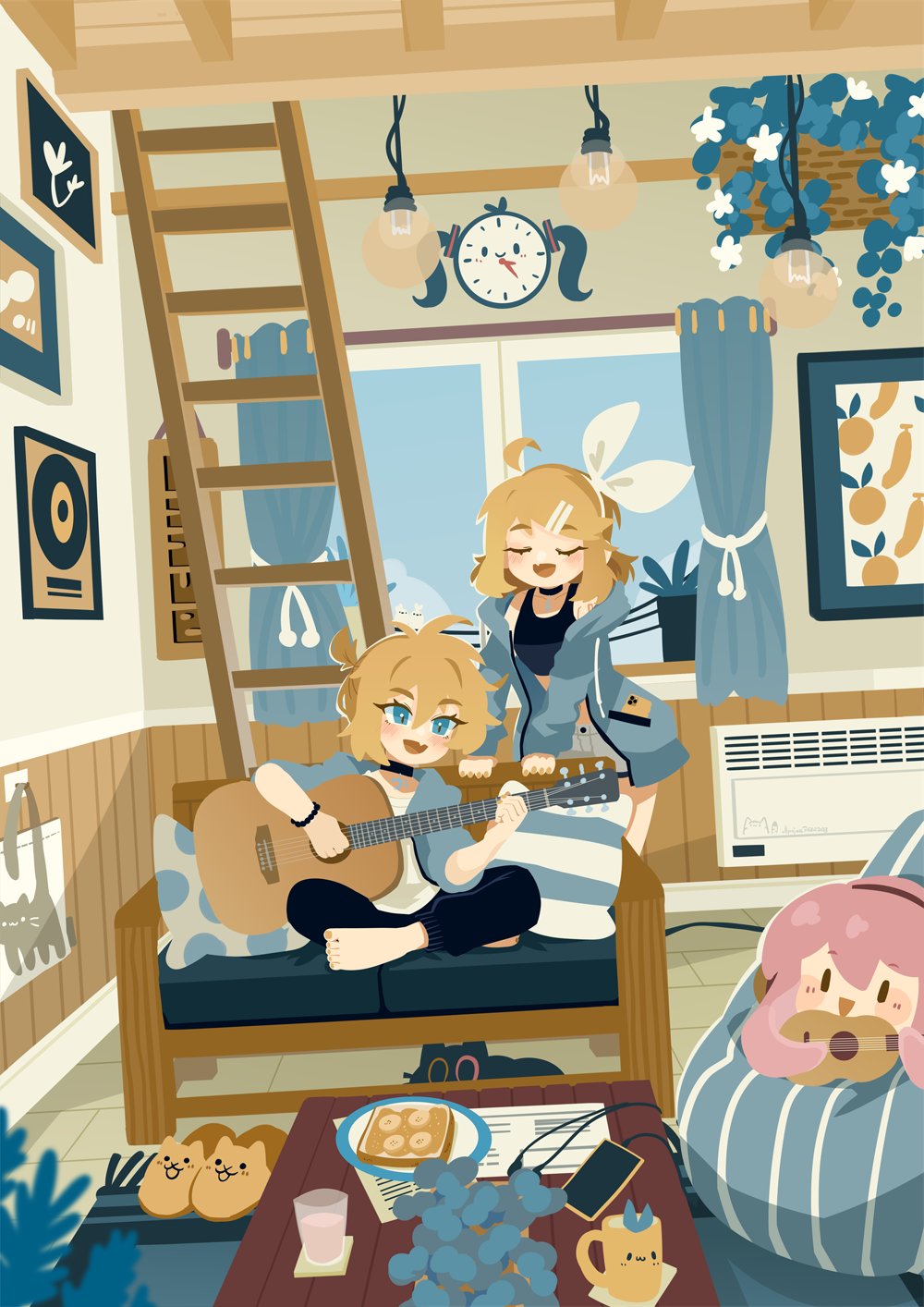 1boy 1girl air_conditioner barefoot black_cat black_pants black_tank_top blonde_hair blue_eyes blue_jacket brother_and_sister cat chair clock closed_eyes commentary cup food glass grey_shorts hair_ornament hairband hairclip hanging_flower highres holding_guitar indian_style indoors instrument jacket kagamine_len kagamine_rin light_bulb megurine_luka messy_hair mug music open_clothes open_jacket open_mouth pants phone picture_(object) picture_frame plate playing_instrument projecttiger sandwich shirt shorts siblings sitting stairs standing stuffed_toy symbol-only_commentary table tank_top vocaloid wall_clock white_hairband white_shirt window window_shade