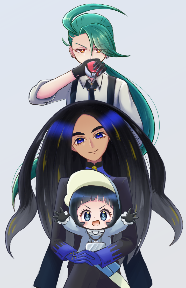 3girls ahoge arched_bangs black_gloves black_hair black_jacket black_necktie blue_eyes blue_shirt bright_pupils closed_mouth collared_shirt commentary_request eyelashes geeta_(pokemon) gloves green_hair grey_background grey_headwear hand_up holding holding_poke_ball jacket long_hair looking_at_viewer multiple_girls natadepopo necktie poke_ball poke_ball_(basic) pokemon pokemon_(game) pokemon_sv ponytail poppy_(pokemon) rika_(pokemon) shirt smile spread_fingers suspenders visor_cap white_pupils