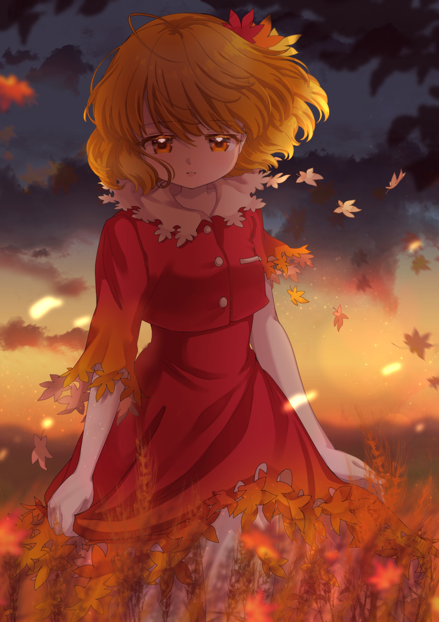 1girl aki_shizuha asymmetrical_sleeves autumn_leaves blonde_hair blue_sky buttons clothes_lift clouds collar collared_jacket colored_eyelashes commentary_request dress dress_lift falling_leaves gradient_sky hair_lift hair_ornament half-closed_eyes high-waist_skirt highres iris_anemone jacket leaf leaf_hair_ornament lifted_by_self long_sleeves loose_hair_strand medium_skirt mountainous_horizon outdoors parted_lips red_jacket red_skirt short_hair short_sleeves skirt skirt_set sky sleeves_past_fingers sleeves_past_wrists solo straight-on sunset touhou wheat_field white_collar wind wind_lift yellow_eyes yellow_sky