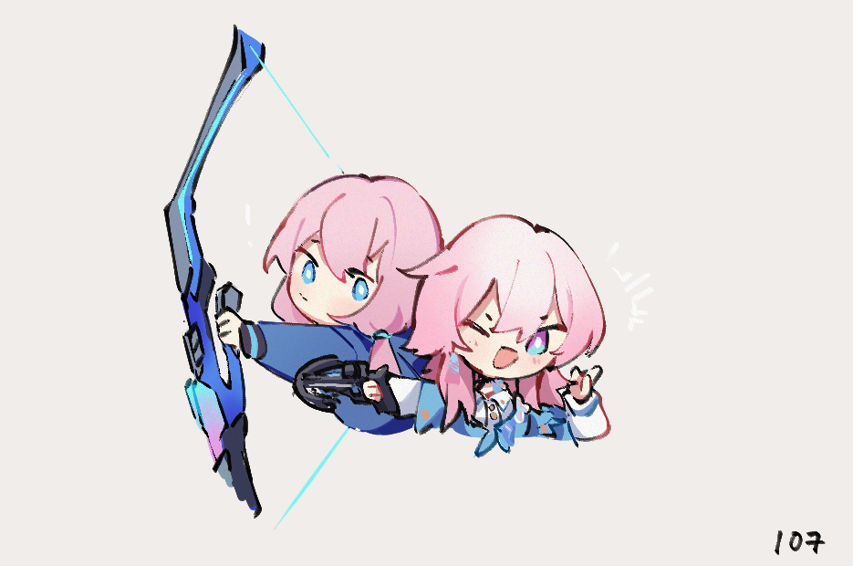 2girls arknights blue_eyes blue_poison_(arknights) bow_(weapon) color_connection commentary cropped_torso crossbow dailybloopy dress_shirt english_commentary grey_background hair_color_connection holding holding_bow_(weapon) holding_crossbow holding_weapon honkai:_star_rail honkai_(series) jacket long_sleeves look-alike march_7th_(honkai:_star_rail) medium_hair multiple_girls numbered one_eye_closed open_mouth pink_hair shirt short_hair simple_background smile tied_jacket two-tone_eyes violet_eyes weapon weapon_switch white_shirt