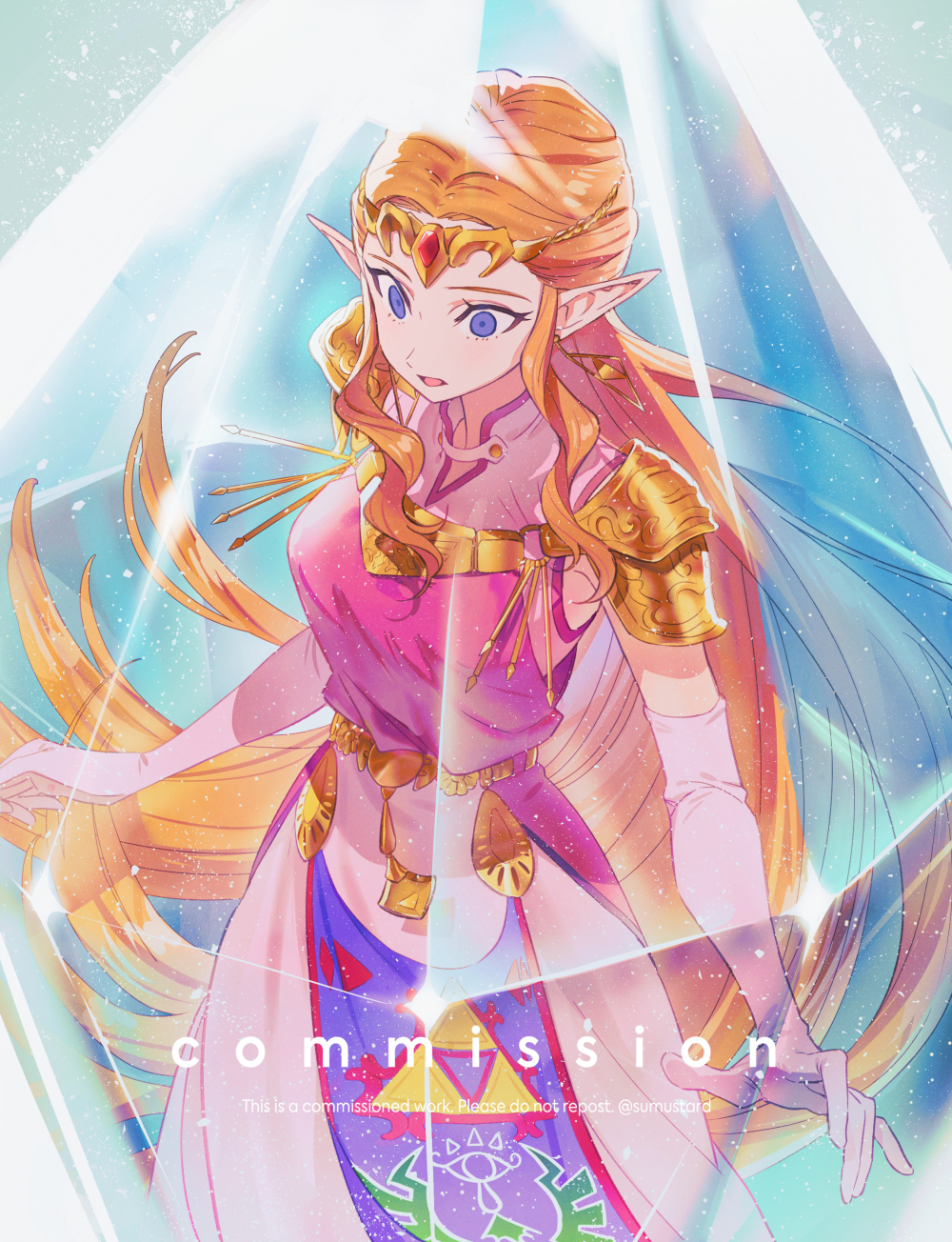 1girl blonde_hair blue_eyes dress empty_eyes from_above frozen highres ice long_hair parted_lips pink_dress pointy_ears princess_zelda sumustard the_legend_of_zelda the_legend_of_zelda:_ocarina_of_time