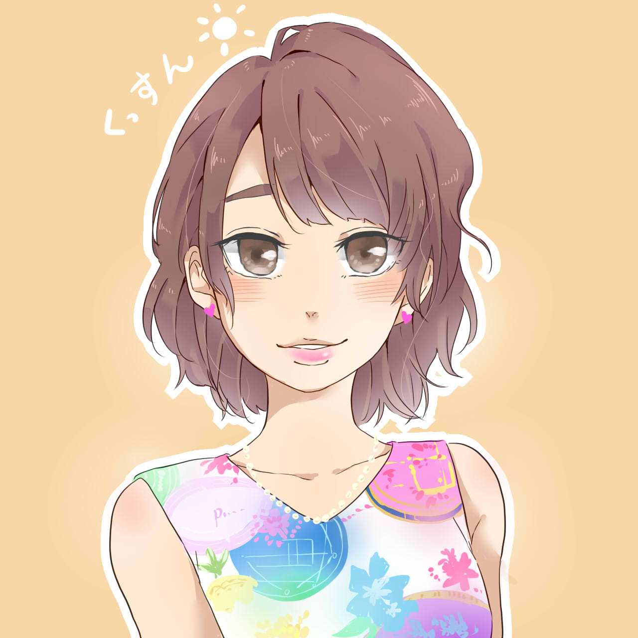 1girl blush brown_eyes brown_hair collarbone commentary_request dress earrings heart heart_earrings highres jewelry kashikaze kusuda_aina looking_at_viewer outline parted_lips pink_lips real_life short_hair sidelocks simple_background sleeveless sleeveless_dress solo upper_body voice_actor white_outline yellow_background