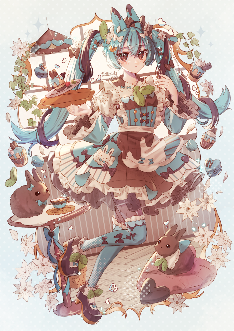 1girl :&lt; ahoge animal_ears apron basketweave blue_bow blue_dress blue_hair blue_socks border bow brown_bow brown_dress brown_eyes brown_footwear brown_hair cafe cake candy chocolate commentary crossed_bangs cup cupcake cushion dress dress_bow falling_petals fishnet_pantyhose fishnets flower food food-themed_clothes frilled_dress frilled_sleeves frilled_socks frills full_body green_neckerchief hair_between_eyes hair_bow hair_flower hair_ornament hands_up hanging_light heart heart-shaped_chocolate heart-shaped_food heart_print high_heels highres holding holding_tray indoors juliet_sleeves leaf_hair_ornament long_hair long_sleeves macaron maid_apron maid_headdress medium_dress mint mint_chocolate multicolored_clothes multicolored_dress multicolored_hair neckerchief original outside_border over-kneehighs pantyhose petals plant plate pleated_dress puffy_sleeves pumps rabbit_ears rabbit_girl saucer socks standing standing_on_one_leg streaked_hair striped striped_dress symbol-only_commentary table tea teacup thigh-highs tray tsukumi_bis twintails two-tone_hair vines whipped_cream white_border white_bow white_flower white_socks window