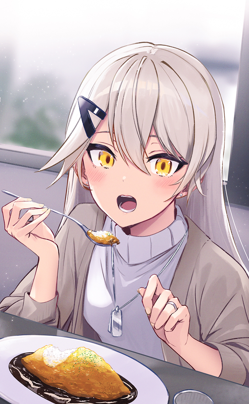 armor blush breastplate brown_cardigan cardigan commentary commentary_request commission cup curry dog_tags dutch_angle earrings eating food girls_frontline grey_hair hair_between_eyes hair_ornament hairclip highres holding holding_spoon indoors jewelry long_sleeves looking_at_viewer mg4_(girls'_frontline) open_mouth pixiv_commission ranyu shirt spoon stud_earrings upper_body white_shirt yellow_eyes