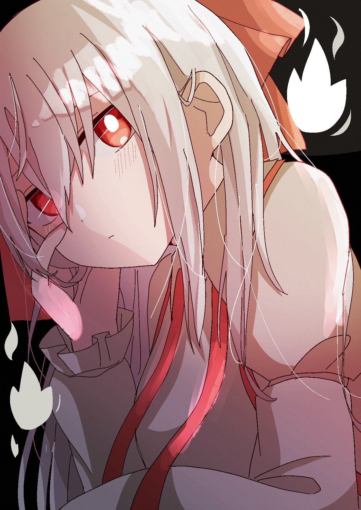 1girl black_background blush bow bright_pupils close-up collared_shirt commentary expressionless fire frilled_sleeves frills fujiwara_no_mokou grey_hair hair_between_eyes hair_bow hair_over_shoulder hand_on_own_cheek hand_on_own_face head_tilt highres imperishable_night long_bangs long_hair long_sleeves looking_at_viewer red_bow red_eyes shirt sidelighting sidelocks sleeve_garter slouching solo suspenders touhou upper_body white_fire white_pupils white_shirt yuzupon_(yuzuponpon)