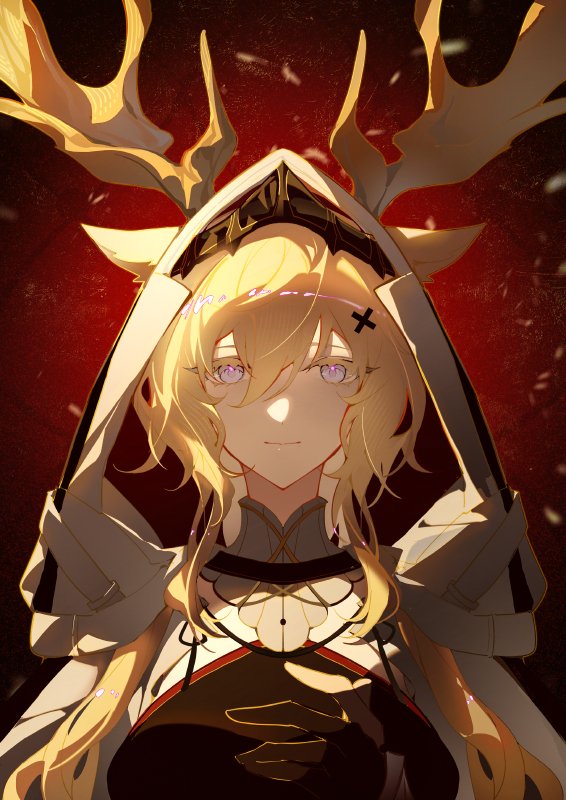 1girl animal_ears antlers antlers_through_headwear antlers_through_hood arknights black_gloves blonde_hair breasts cape closed_mouth deer_antlers deer_ears deer_girl ears_through_headwear ears_through_hood gloves hair_between_eyes hood hood_up hooded_cape horns_through_hood indai_(3330425) long_hair looking_at_viewer medium_breasts partially_fingerless_gloves portrait red_background smile solo violet_eyes viviana_(arknights) white_cape white_hood