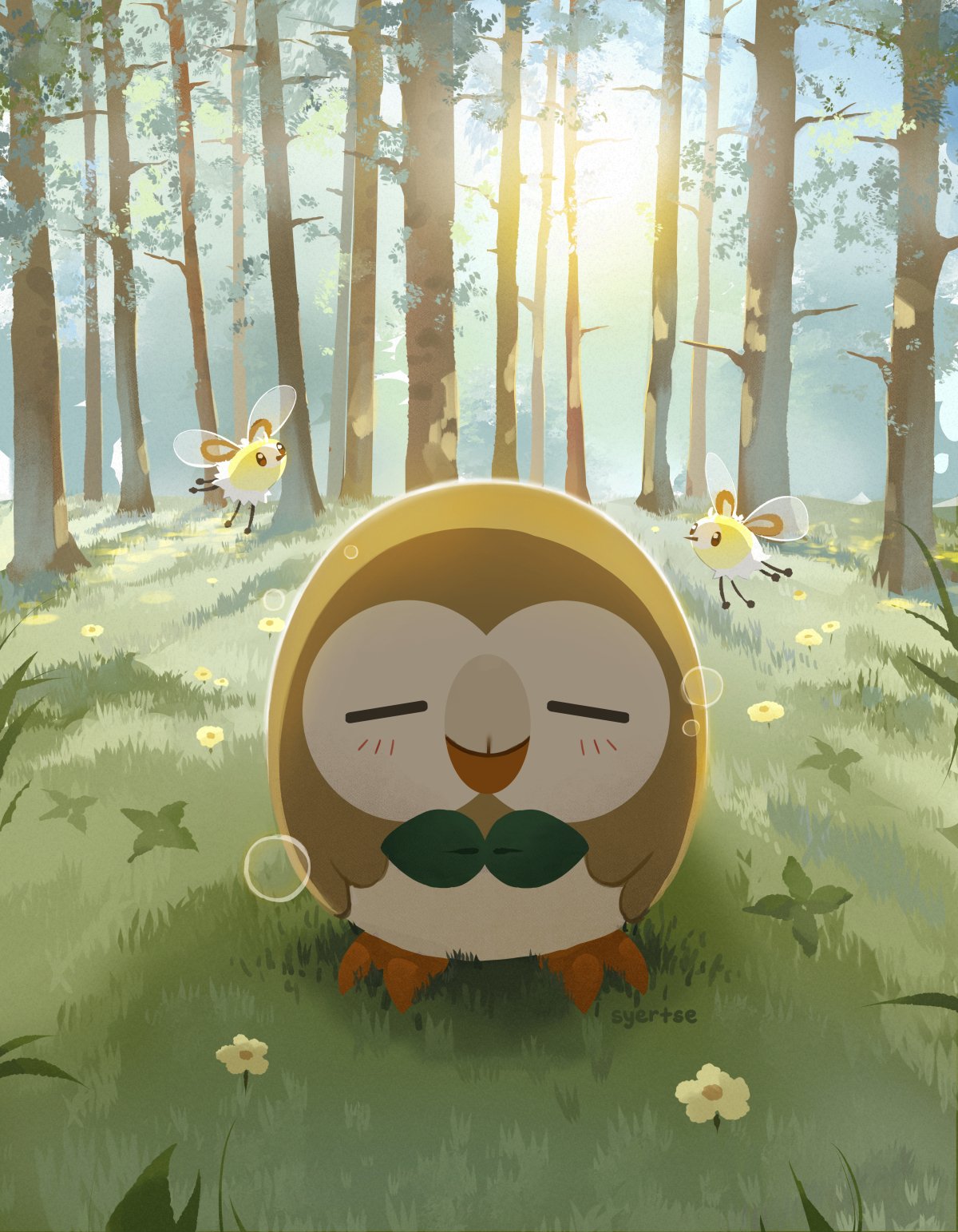 blue_sky blush brown_eyes closed_eyes closed_mouth commentary cutiefly day english_commentary flower flying forest grass highres nature no_humans outdoors pokemon pokemon_(creature) rowlet sky sleep_bubble sleeping sleeping_upright sunlight syertse tree yellow_flower