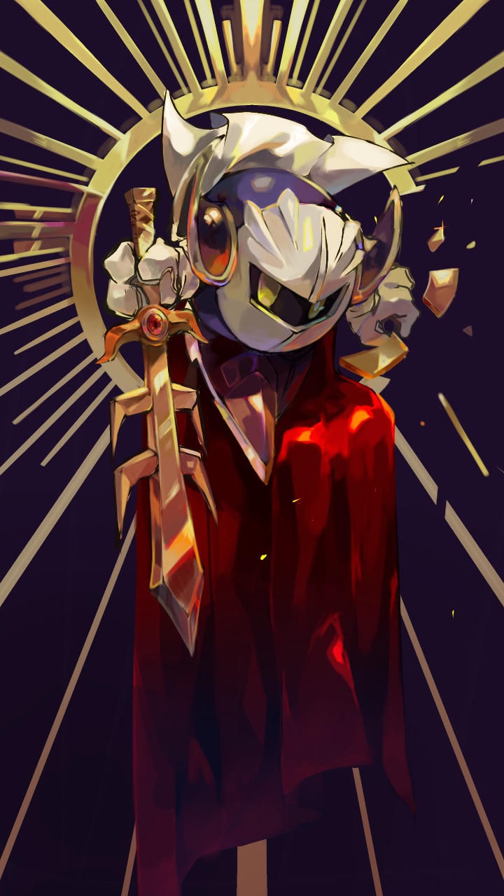 1boy akakiao_tea blue_skin cape colored_skin galaxia_(sword) gloves highres holding holding_sword holding_weapon kirby_(series) looking_at_viewer meta_knight no_humans purple_footwear red_cape sabaton shards shoulder_pads solid_oval_eyes solo sun sword veil_lift weapon white_gloves white_mask white_veil yellow_eyes