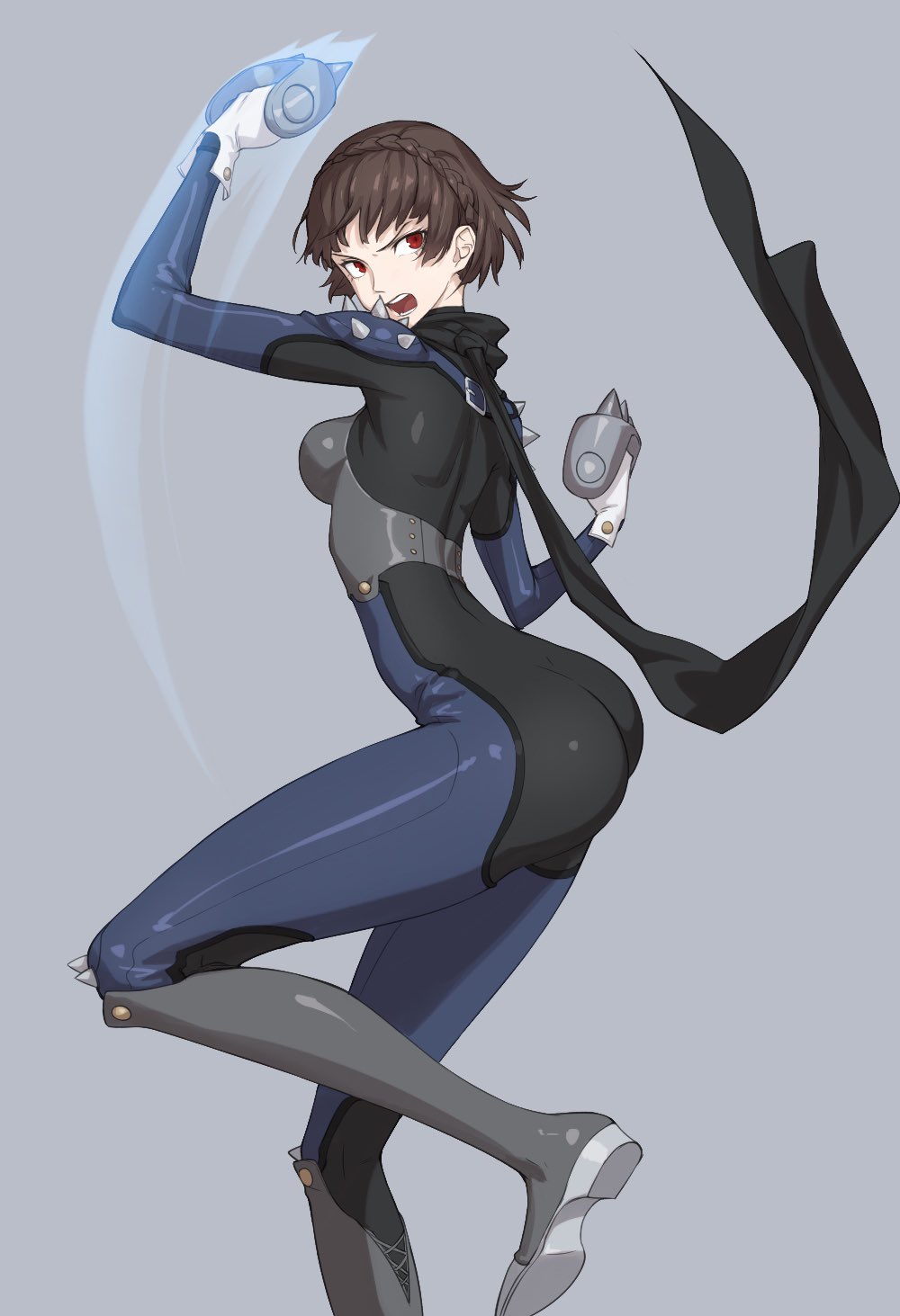 angry ass bob_cut bodysuit brass_knuckles breasts brown_hair gloves highres looking_back niijima_makoto open_mouth ozkh persona persona_5 red_eyes scarf short_hair sideboob simple_background weapon white_gloves