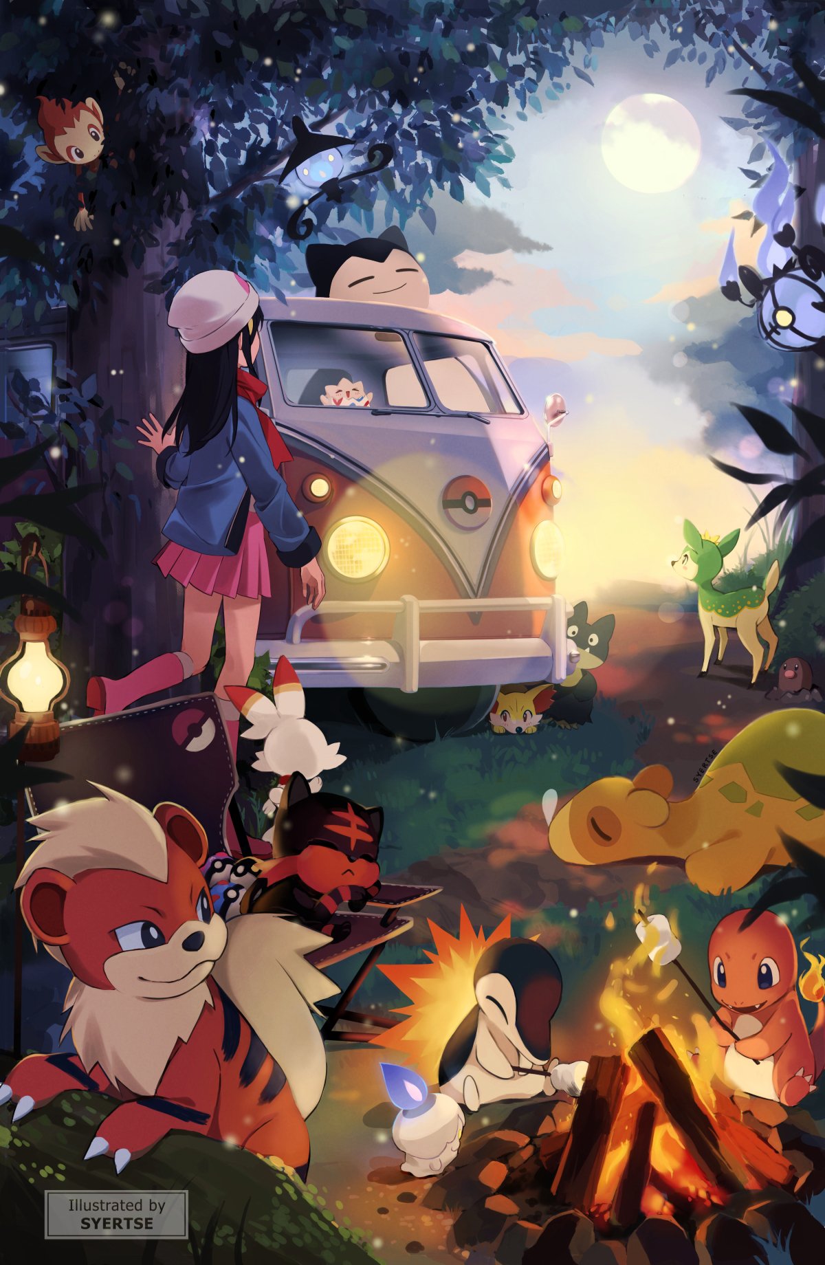 &gt;_&lt; 1girl :&lt; :d ^_^ artist_name beanie black_eyes black_hair blue_fire blue_jacket boots bright_pupils bush campfire chair chandelure charmander chimchar claws closed_eyes closed_mouth clouds commentary cyndaquil deerling deerling_(summer) diglett english_commentary facing_away fangs fennekin fire fireflies flame-tipped_tail folding_chair food from_behind grass great_ball growlithe hat headlight highres hikari_(pokemon) holding holding_stick in_tree jacket kerosene_lamp lampent lantern lens_flare litten litwick long_hair long_sleeves looking_at_another looking_back marshmallow master_ball moss motor_vehicle munchlax nose_bubble numel on_ground open_mouth outdoors pink_footwear pink_skirt plant pleated_skirt poke_ball poke_ball_symbol pokemon pokemon_(creature) pokemon_(game) pokemon_dppt purple_fire red_scarf rock scarf scorbunny sitting skirt sky sleeping smile snorlax standing standing_on_one_leg stick sunset syertse togepi tree tusks twilight ultra_ball van watermark white_headwear white_pupils yellow_eyes
