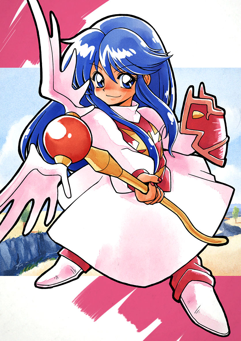 1990s_(style) 1girl blue_eyes blue_hair closed_mouth ebizome freya_jerbain full_body holding holding_shield holding_staff long_hair long_sleeves looking_at_viewer puffy_sleeves red_nails retro_artstyle robe shield sidelocks smile solo staff swept_bangs white_footwear white_robe xak