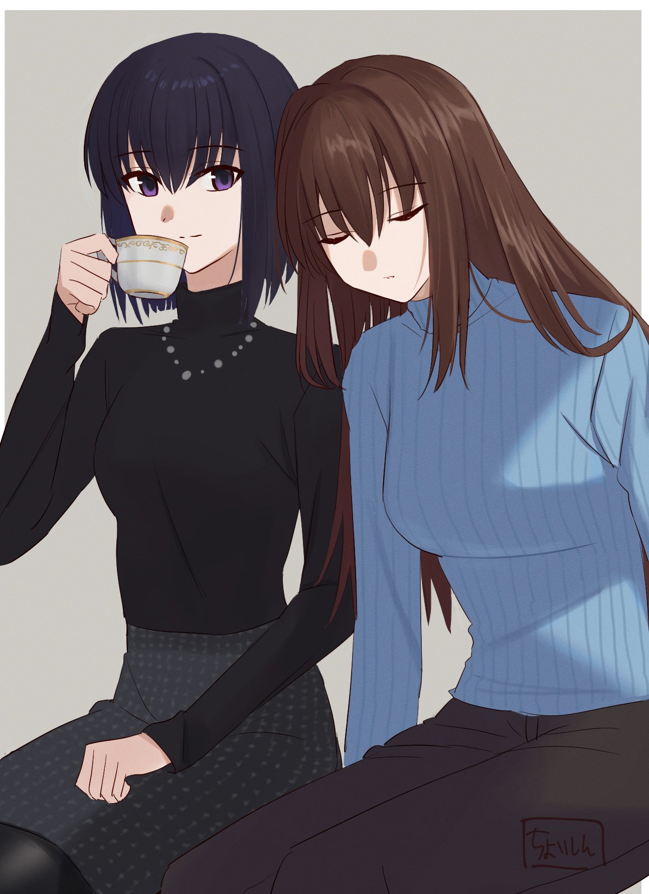 2girls aozaki_aoko black_hair black_pantyhose black_sweater blue_sweater border brown_hair brown_pants closed_eyes closed_mouth commentary_request cup grey_background grey_skirt hair_between_eyes hair_intakes highres holding holding_cup invisible_chair jewelry kuonji_alice leaning_on_person long_hair long_sleeves looking_at_viewer mahou_tsukai_no_yoru multiple_girls necklace outside_border pants pantyhose ribbed_sweater shintyoi2 short_hair simple_background sitting skirt sleeping sleeping_on_person smile sweater teacup turtleneck turtleneck_sweater violet_eyes white_border