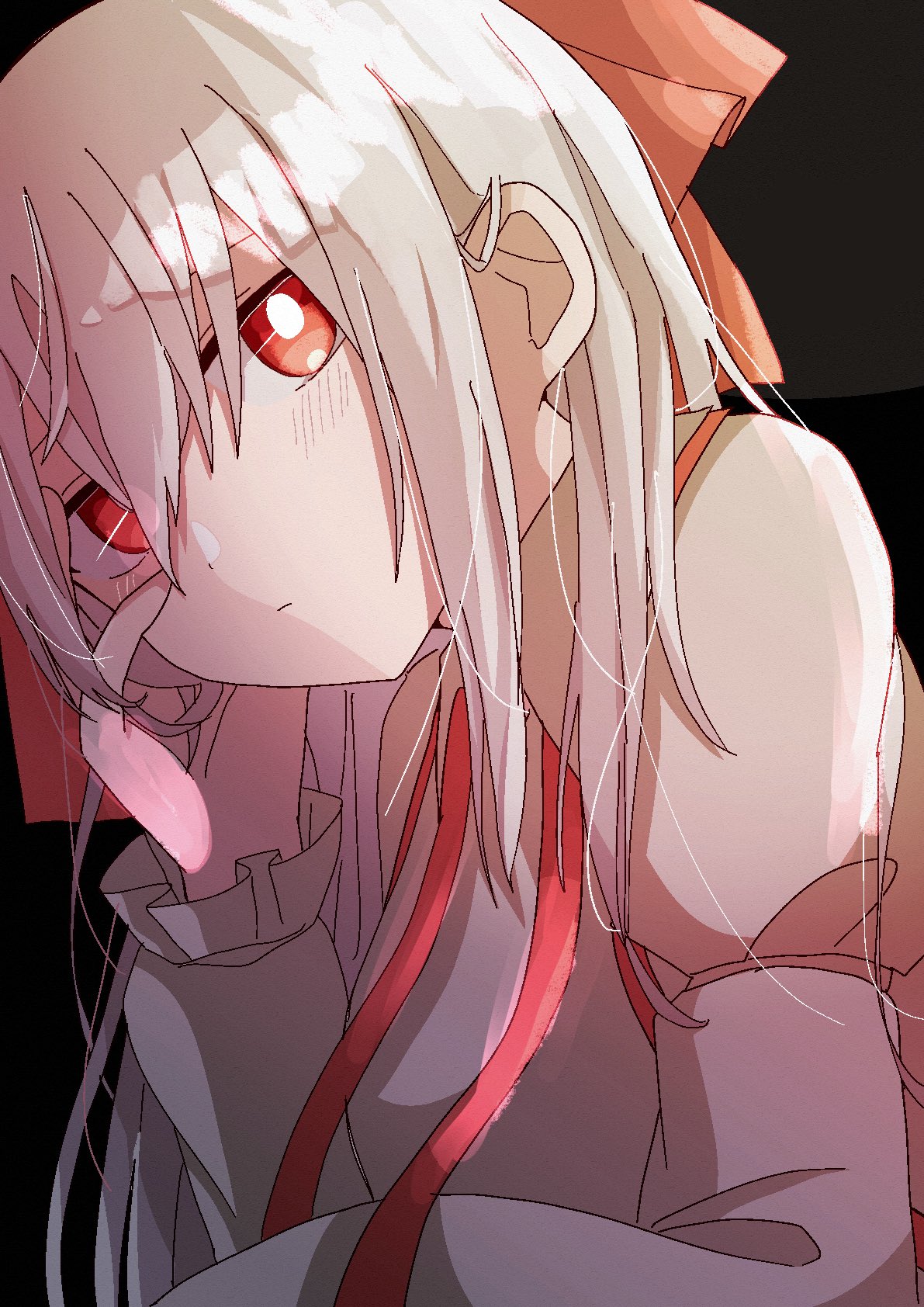 1girl black_background blush bow bright_pupils close-up collared_shirt commentary expressionless frilled_sleeves frills fujiwara_no_mokou grey_hair hair_between_eyes hair_bow hair_over_shoulder hand_on_own_cheek hand_on_own_face head_tilt highres imperishable_night long_bangs long_hair long_sleeves looking_at_viewer red_bow red_eyes shirt sidelighting sidelocks sleeve_garter slouching solo suspenders touhou upper_body white_pupils white_shirt yuzupon_(yuzuponpon)