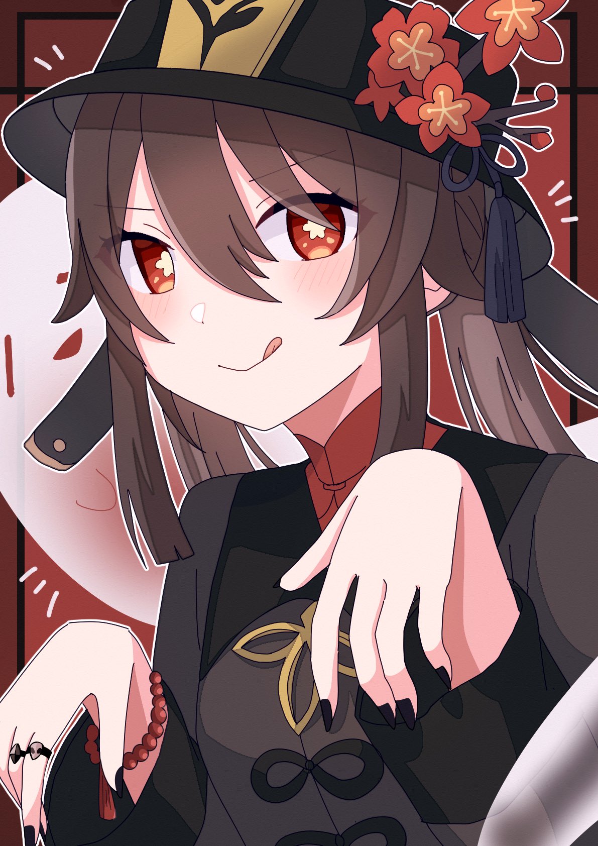 &gt;:) 1girl :p bead_bracelet beads black_headwear black_nails blush boo_tao_(genshin_impact) bracelet breasts bright_pupils brown_background brown_hair collared_coat commentary flower flower-shaped_pupils genshin_impact ghost ghost_pose hair_between_eyes hat hat_flower hat_tassel highres hu_tao_(genshin_impact) jewelry long_hair long_sleeves looking_at_viewer multiple_rings nail_polish notice_lines outline plum_blossoms porkpie_hat red_eyes red_shirt ring shirt small_breasts smile solo symbol-shaped_pupils tongue tongue_out twintails v-shaped_eyebrows white_outline wide_sleeves yuzupon_(yuzuponpon)