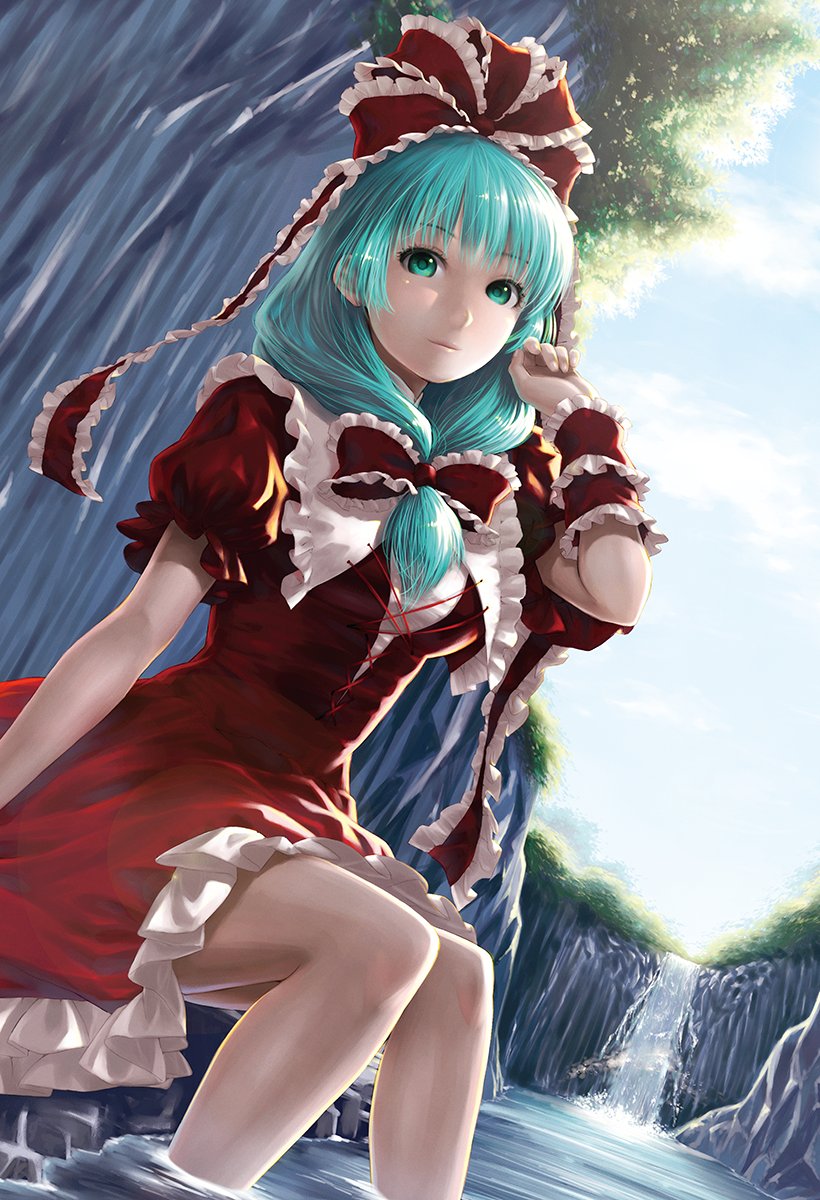 1girl bare_legs blunt_bangs breasts cliff closed_mouth commentary_request day dress dutch_angle frilled_ribbon frills front_ponytail green_eyes green_hair hair_ribbon hand_up highres kageharu kagiyama_hina knees_together_feet_apart light_smile long_hair medium_breasts outdoors petticoat puffy_short_sleeves puffy_sleeves red_dress red_ribbon ribbon river riverbank short_sleeves sitting sky soaking_feet solo touhou water waterfall