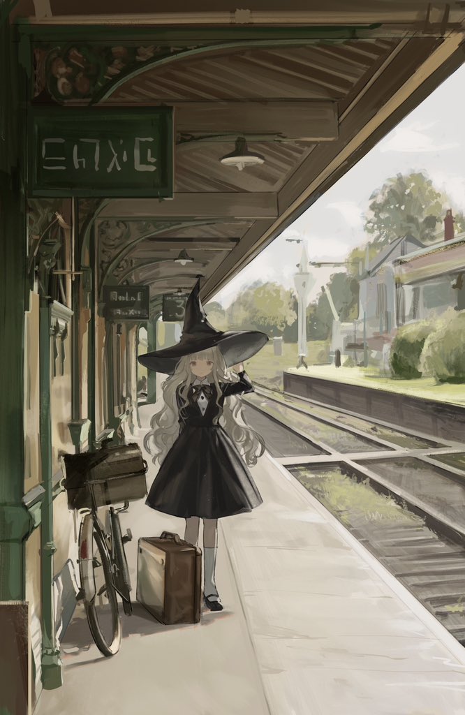 1girl bicycle black_bow black_bowtie black_dress black_footwear black_headwear bow bowtie brown_eyes building bush ceiling_light chinese_commentary commentary_request day dress grey_hair hat kneehighs long_hair long_sleeves looking_at_viewer mary_janes ns404 original outdoors railroad_tracks shoes socks solo standing suitcase train_station tree very_long_hair wavy_hair white_socks witch_hat