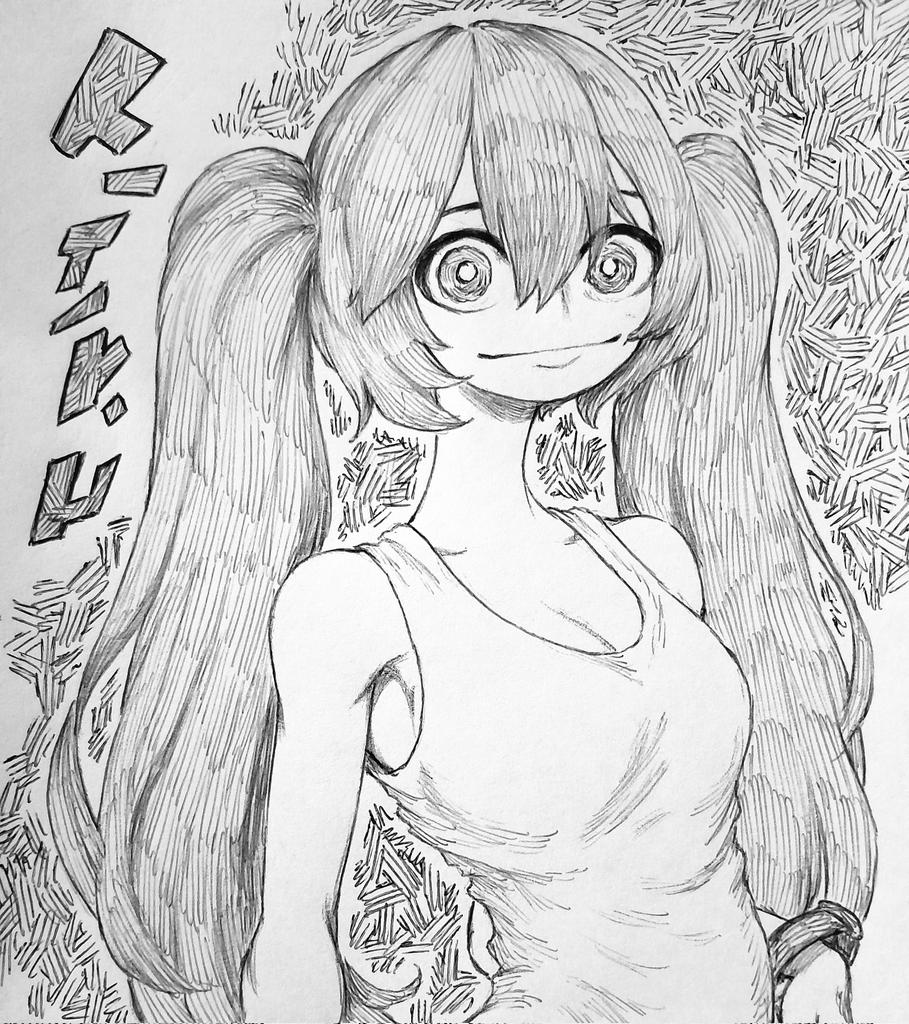 1girl bracelet breasts chronozbergh commentary eyebrows_hidden_by_hair graphite_(medium) greyscale hatsune_miku jewelry long_hair medium_breasts monochrome solo tank_top traditional_media translation_request twintails upper_body vocaloid