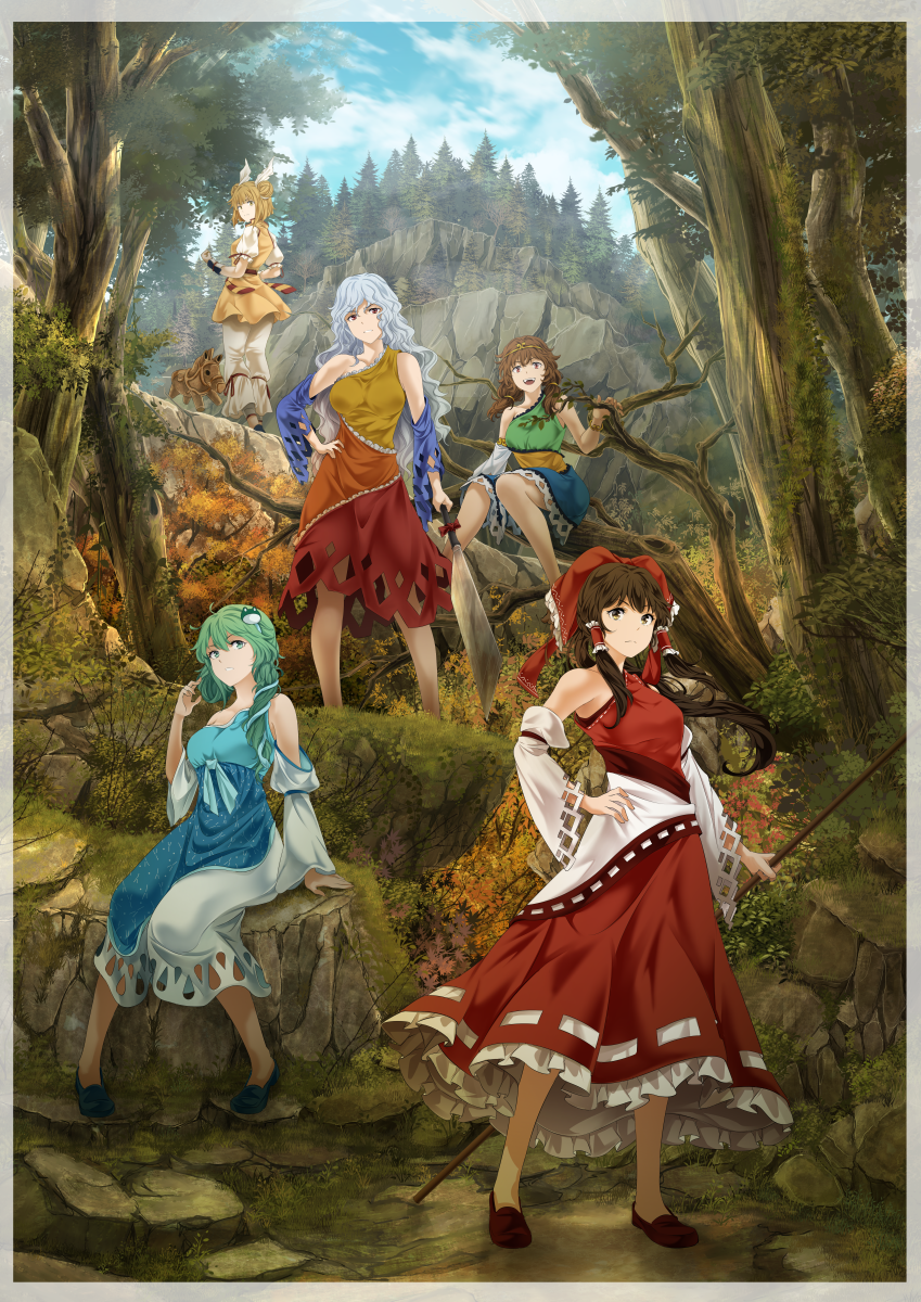 5girls alternate_costume arkatopia arm_at_side bare_shoulders border bow brown_hair character_request closed_mouth commentary_request detached_sleeves dress expressionless floating_hair full_body green_hair grey_hair hair_bow hair_tubes hakurei_reimu hand_on_own_hip hand_up highres holding kochiya_sanae long_hair medium_dress multiple_girls open_mouth parted_lips sakata_nemuno shoes sitting smile standing touhou very_long_hair white_border