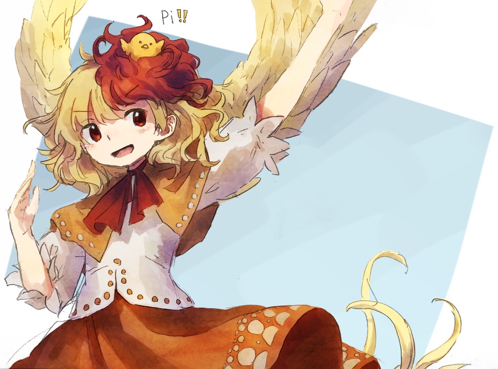 1girl bird bird_girl bird_wings blonde_hair brown_capelet capelet chick commentary_request cowboy_shot feathered_wings flat_chest medium_hair multicolored_hair neck_ribbon niwatari_kutaka open_mouth orange_skirt red_eyes redhead retrochaossan ribbon shirt skirt smile solo touhou v-shaped_eyebrows white_shirt wings yellow_wings