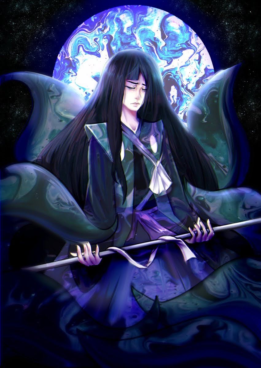 1other adagumo_no_yaorochi androgynous bad_artstation_id bad_id black_background black_hair black_kimono blue_pants blunt_bangs circle closed_eyes closed_mouth coat crying fingernails frown green_coat hair_down hakama hakama_pants highres holding holding_sword holding_weapon japanese_clothes kimono kneeling len'en long_hair long_sleeves luo_qiangwei multiple_tails open_clothes open_coat other_focus pants ribbon single_sidelock sleeveless sleeveless_coat snake_tail solo straight_hair streaming_tears sword tail tears weapon white_ribbon