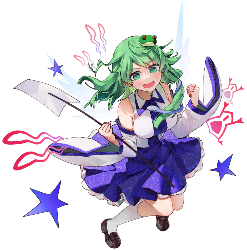 1girl bare_shoulders blue_skirt blush breasts brown_footwear detached_sleeves frog_hair_ornament green_eyes green_hair hair_ornament japanese_clothes kochiya_sanae long_hair looking_at_viewer medium_breasts nontraditional_miko open_mouth pleated_skirt shoes simple_background skirt smile snake_hair_ornament socks solo syuri22 touhou white_background white_sleeves white_socks wide_sleeves
