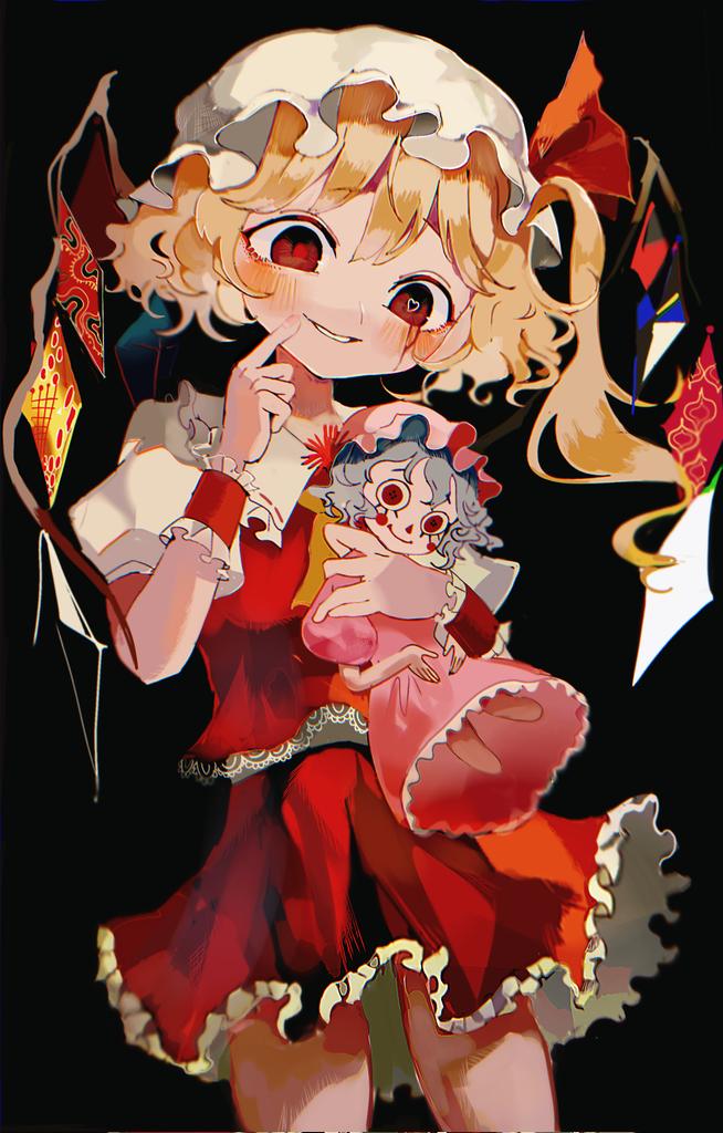 1girl ascot black_background blonde_hair comkdom commentary_request crystal doll flandre_scarlet frilled_shirt frilled_skirt frills hat hat_ribbon heart heart-shaped_pupils looking_at_viewer medium_hair mismatched_pupils mob_cap one_side_up red_eyes red_pupils red_ribbon red_shirt red_skirt remilia_scarlet ribbon shirt short_sleeves simple_background skirt solo symbol-shaped_pupils touhou white_headwear wings wrist_cuffs yellow_ascot
