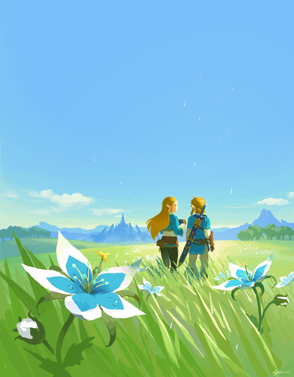1boy 1girl arm_guards ayumi_(830890) belt black_gloves black_pants blonde_hair blue_flower blue_shirt blue_sky blue_tunic brown_belt bud castle champion's_tunic_(zelda) clouds commentary day earrings facing_away field flower from_behind gloves grass hair_ornament hairclip hands_up highres holding jewelry layered_sleeves link long_hair long_sleeves looking_at_another looking_to_the_side master_sword medium_hair mountainous_horizon outdoors pants pointy_ears ponytail pouch princess_zelda sheath shirt short_over_long_sleeves short_sleeves sidelocks sky standing sword sword_on_back the_legend_of_zelda the_legend_of_zelda:_breath_of_the_wild tree triforce tunic volcano water_drop weapon weapon_on_back white_pants white_shirt