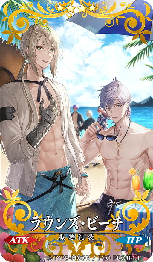 5boys :d abs airgetlam_(fate) airm beach beach_umbrella bedivere_(fate) black_shirt blonde_hair blue_eyes bracelet bush card_(medium) cardigan cherry clouds copyright craft_essence_(fate) cup day drinking_glass fate/grand_order fate_(series) feet_out_of_frame flip-flops flower food fruit gawain_(fate) green_eyes groin hair_between_eyes hair_tubes hat hawaiian_shirt hibiscus holding holding_removed_eyewear ice_cream ice_cream_float jewelry juice lancelot_(fate/grand_order) long_hair looking_at_viewer low_twintails male_focus male_swimwear melon_soda mountain multiple_boys ocean official_art open_cardigan open_clothes open_shirt orange_(fruit) orange_slice palm_tree pectorals pendant percival_(fate) prosthesis prosthetic_arm purple_hair red_flower redhead sandals shirt short_hair sidelocks sitting smile standing straw_hat sunglasses swim_trunks tan teeth toned toned_male topless_male tree tristan_(fate) twintails umbrella unworn_eyewear unworn_hat unworn_headwear upper_teeth_only white_cardigan white_hair