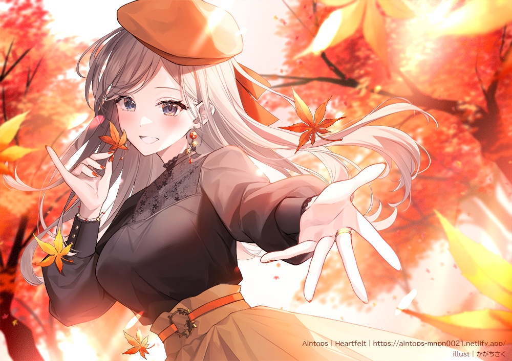 1girl :d album_cover artist_name autumn autumn_leaves belt beret black_shirt bloom blurry blurry_background blush breasts commentary cover depth_of_field dutch_angle earrings falling_leaves fingernails floating_hair grey_hair hand_up hat high-waist_skirt high_belt holding holding_leaf jewelry kagachi_saku leaf leaf_earrings long_hair long_sleeves looking_at_viewer maple_leaf maple_tree medium_breasts nail_polish open_hand open_mouth orange_belt orange_headwear original pinky_out puffy_long_sleeves puffy_sleeves reaching reaching_towards_viewer red_nails shirt skirt smile solo spread_fingers tree upper_body violet_eyes watermark web_address yellow_skirt