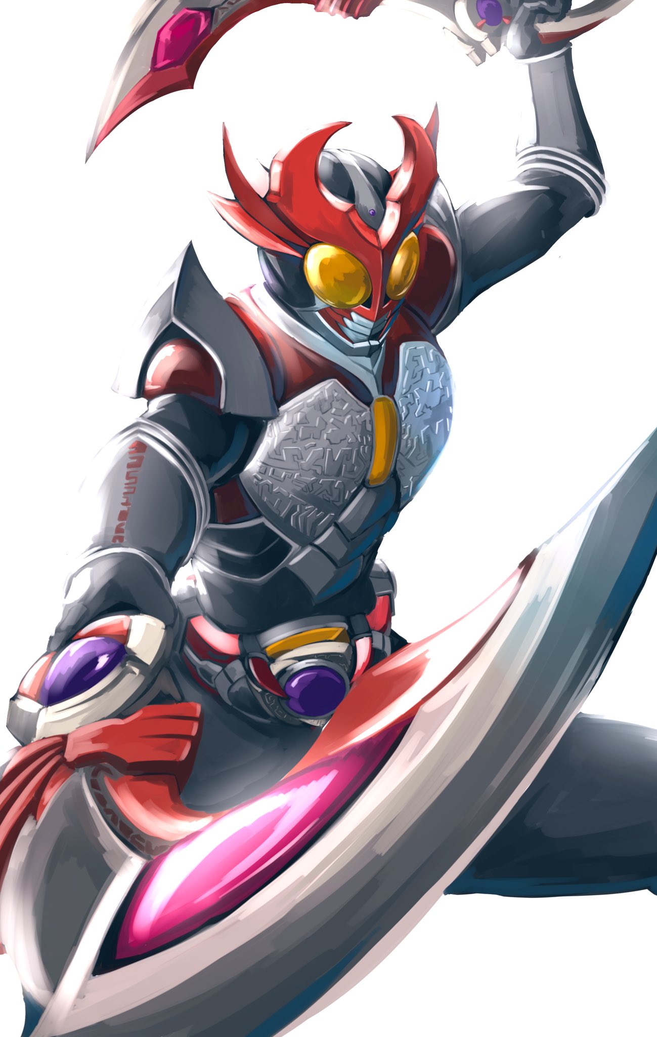 1boy alternate_costume armor commentary driver_(kamen_rider) dual_wielding highres holding holding_sword holding_weapon horns kamen_rider kamen_rider_agito kamen_rider_agito_(series) kamen_rider_agito_(shining_form) kintsuba_(kintsuba_08) male_focus official_alternate_costume rider_belt simple_background solo sword thighs tokusatsu weapon white_background yellow_eyes